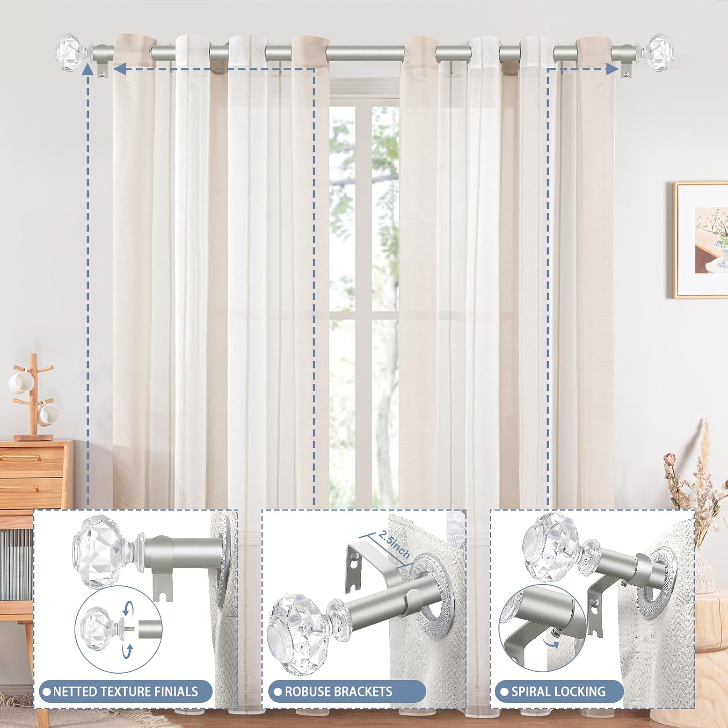 TVWOO Silver Crystal Curtain Rods 18-45 Inch Adjustable