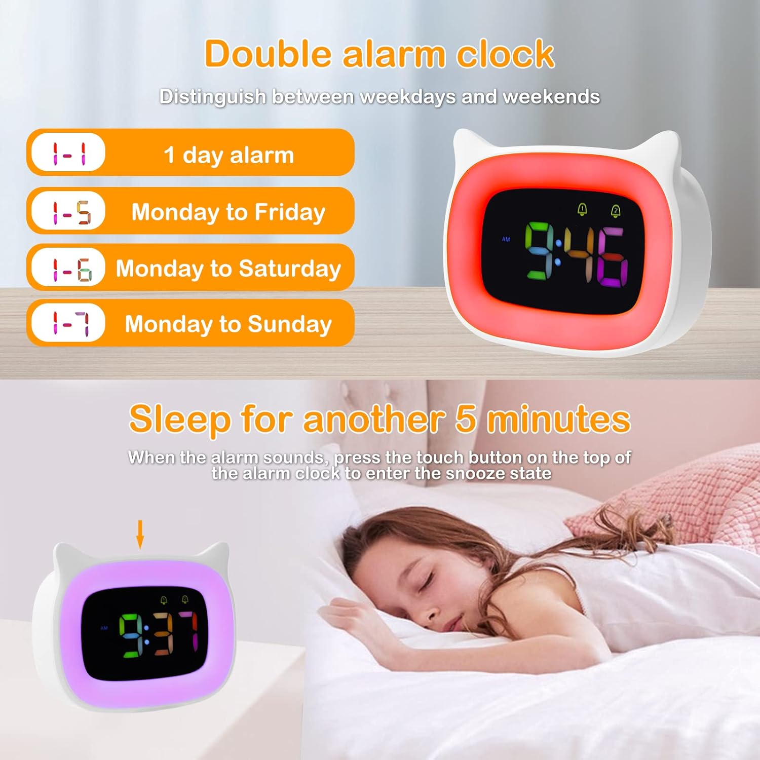 Cute RGB Alarm Clock with Night Light for Kids and Teens