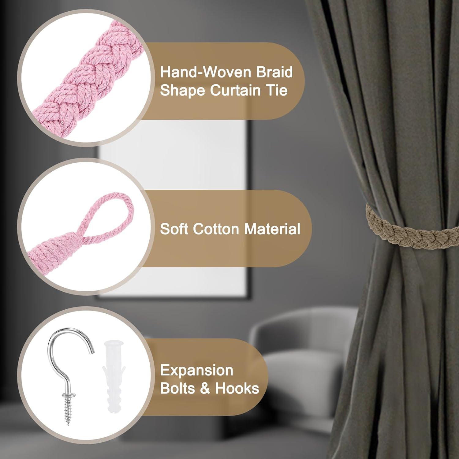 Uxcell 2Pcs Cotton Rope Curtain Tiebacks with Metal Hooks