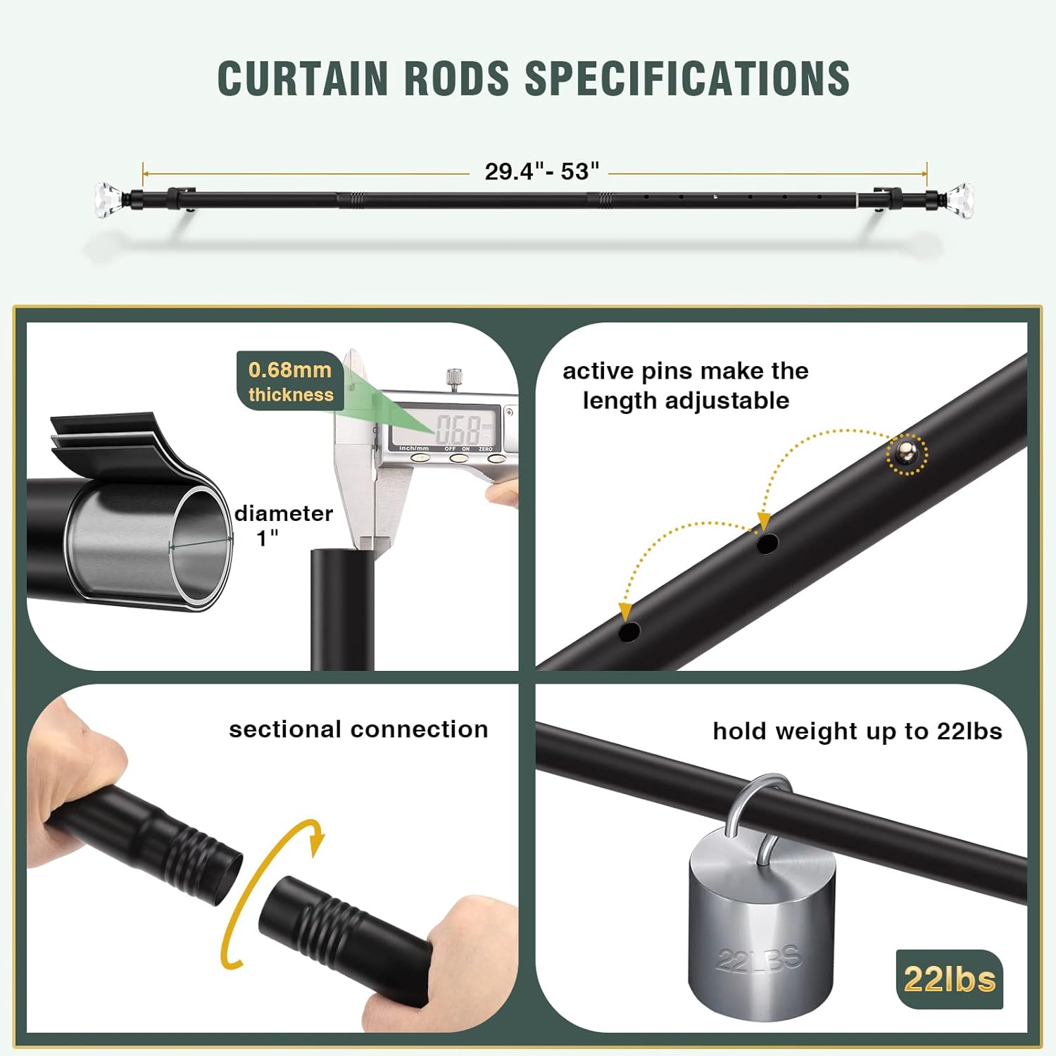 Black 1 Inch Adjustable Single Window Rod with Crystal Diamond Finials