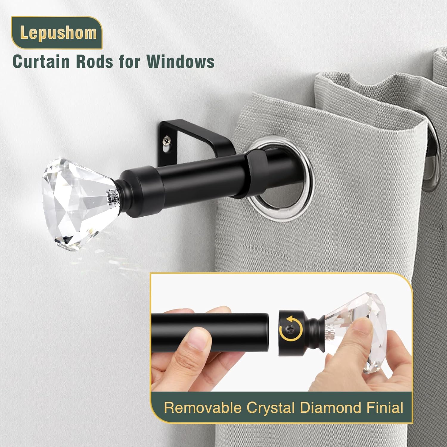 Black 1 Inch Adjustable Single Window Rod with Crystal Diamond Finials