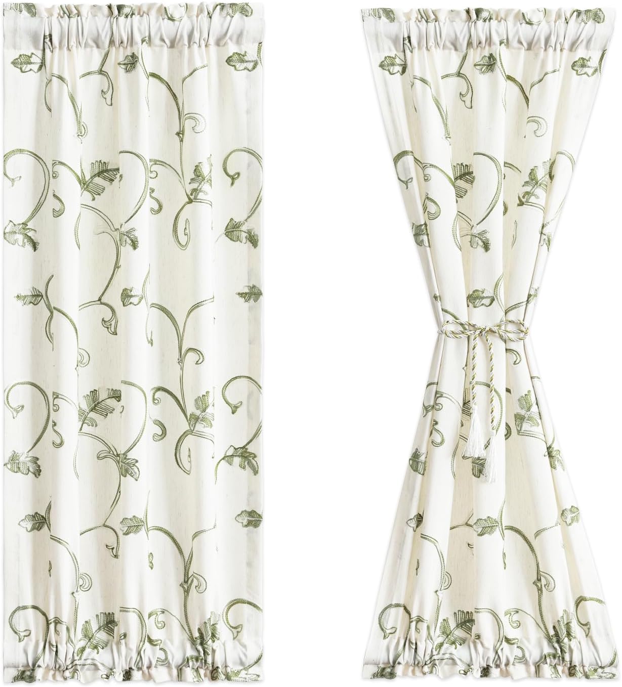 VOGOL Beige Panel Curtains with Green Vines Embroidery for French Doors