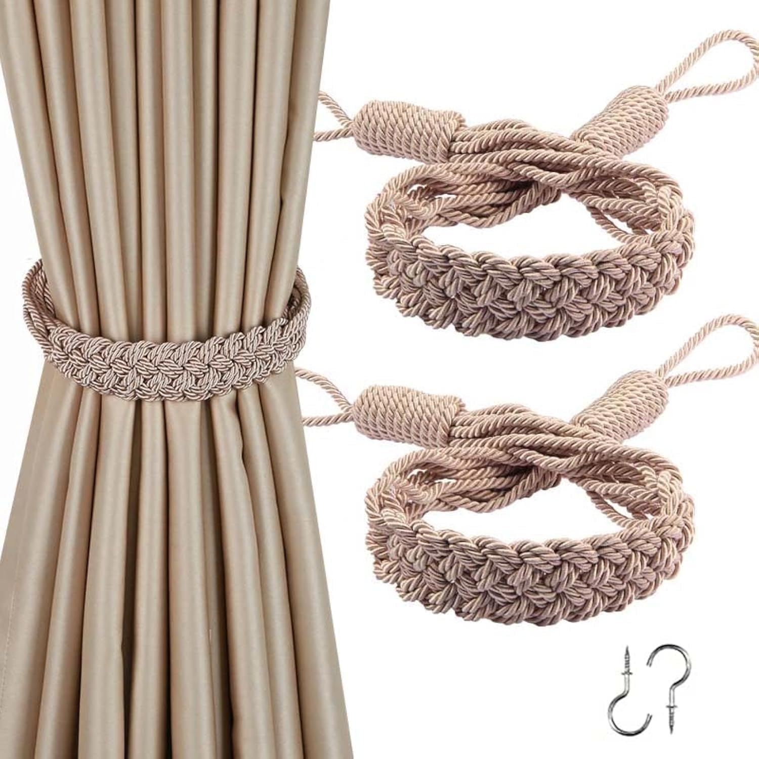 BEL AVENIR Curtain Tiebacks with Metal Hooks and Braided Rope