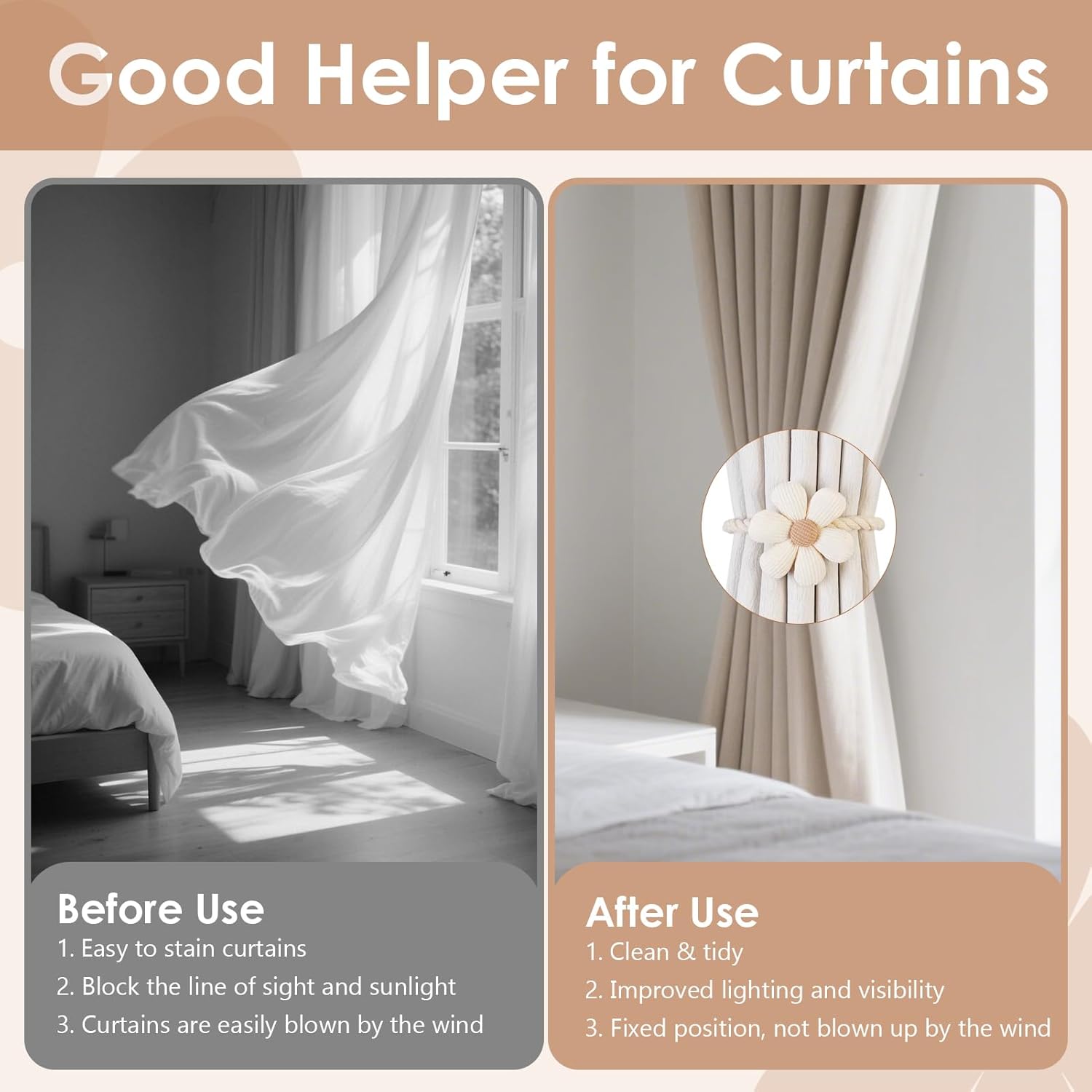 Magnetic Curtain Tiebacks 2 Pack Boho Flower Design Cream Beige