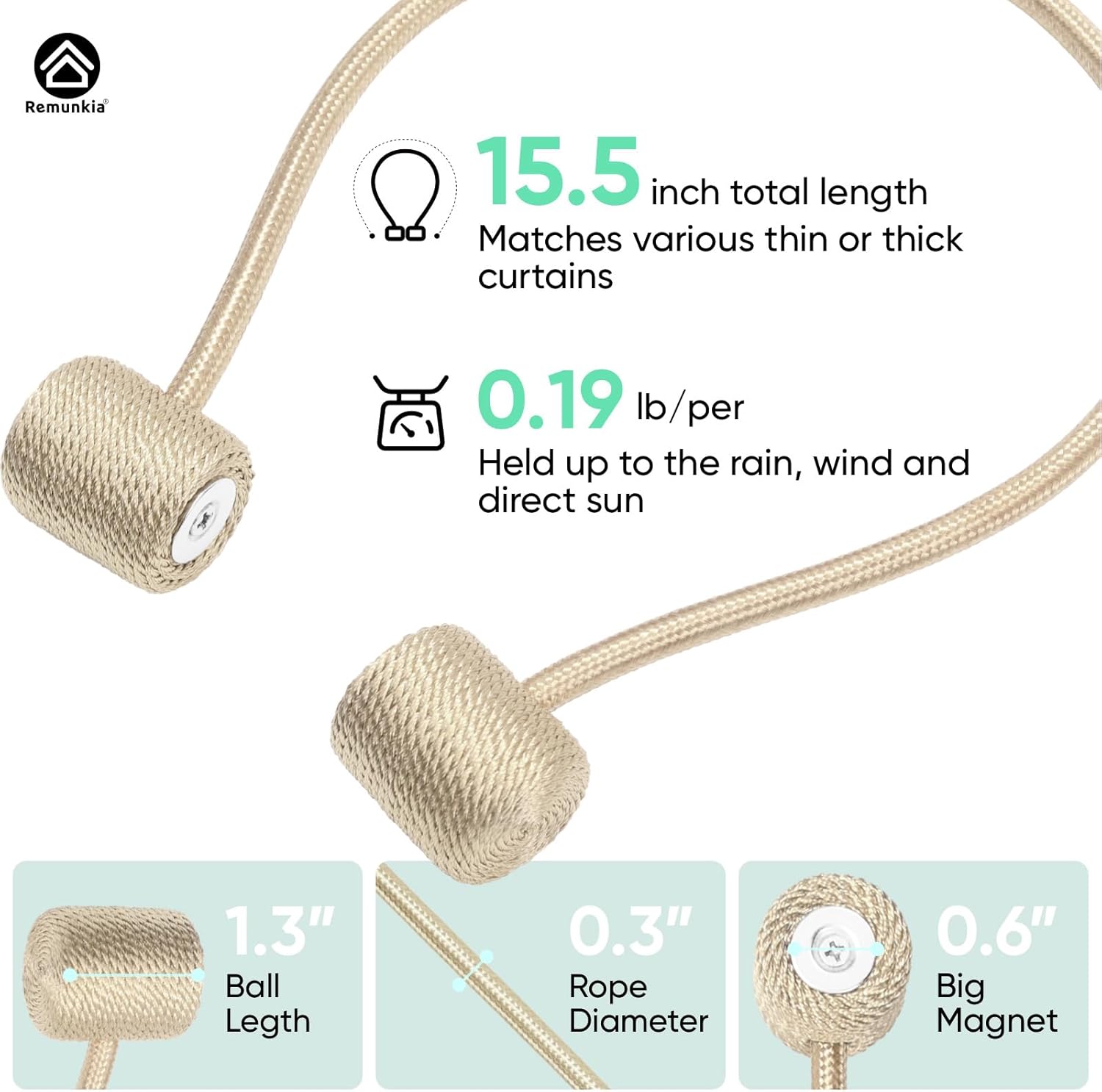 Remunkia Magnetic Curtain Tiebacks 2 Pack - Beige