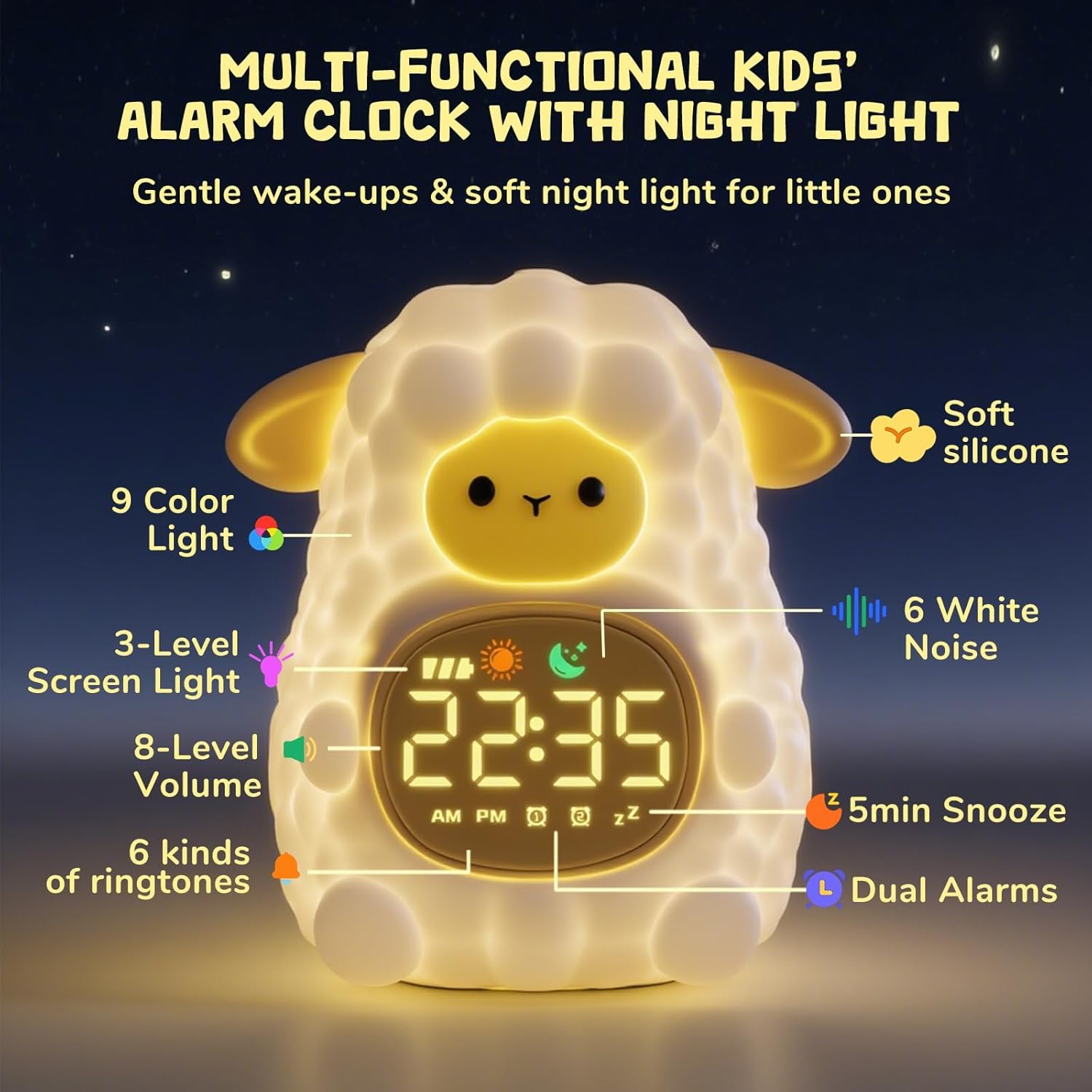 TCJJ Kids Sleep Training Alarm Clock with Night Light