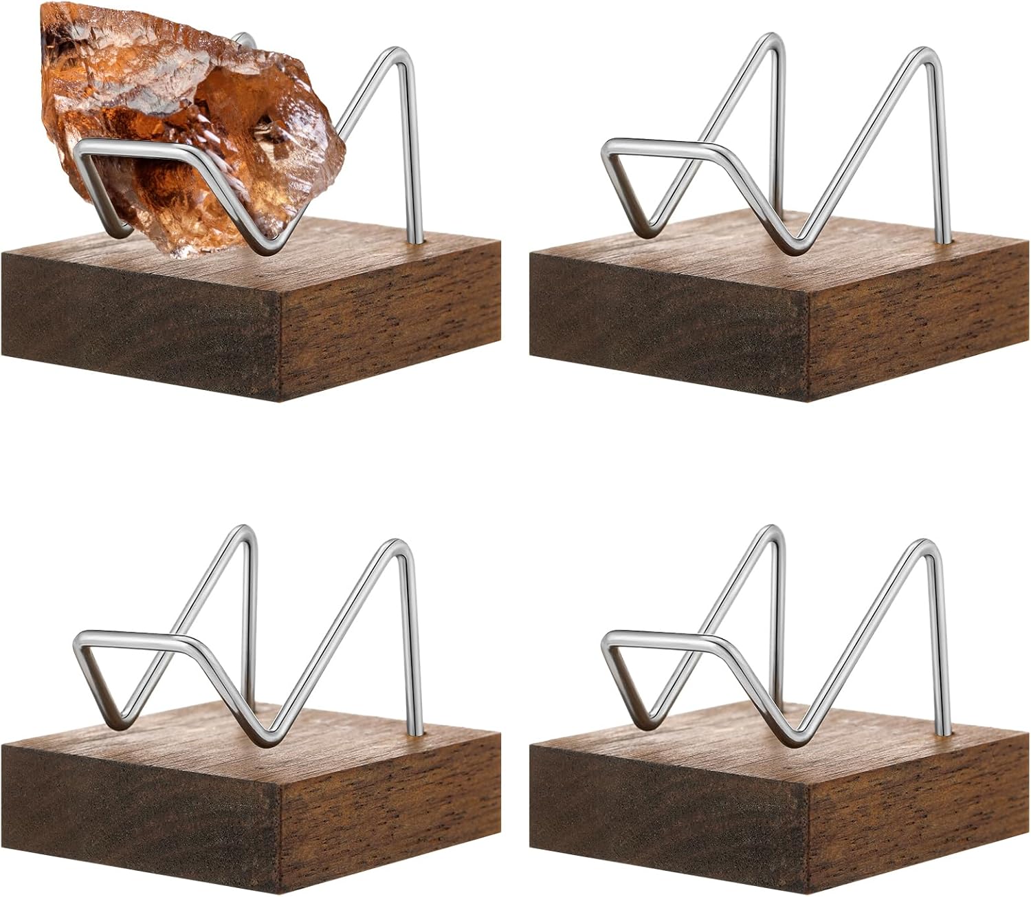 4 Pcs Rock Display Stand with Metal Arms and Wooden Base