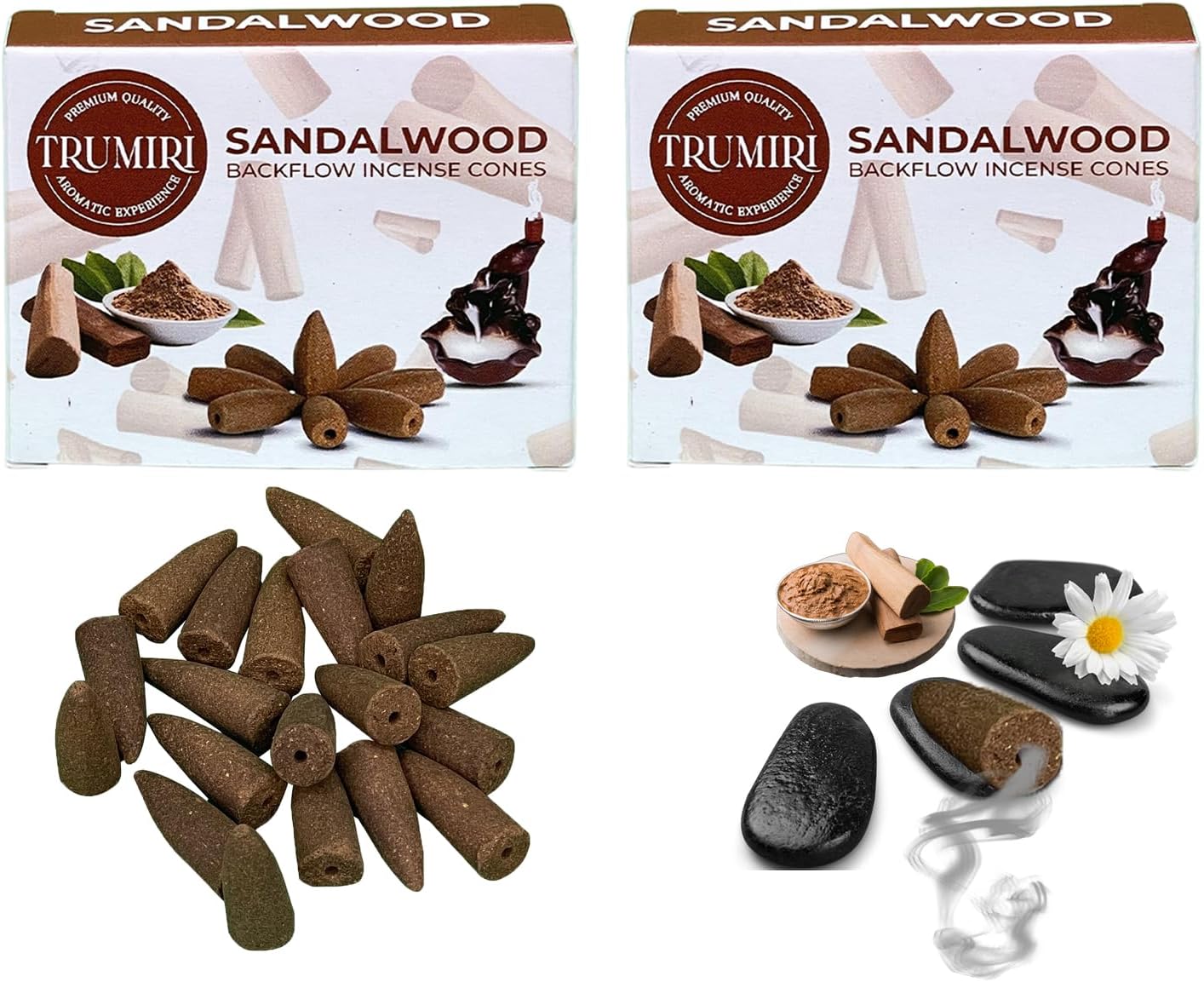 TRUMIRI Sandalwood Backflow Incense Cones - 20 pcs Dual Pack