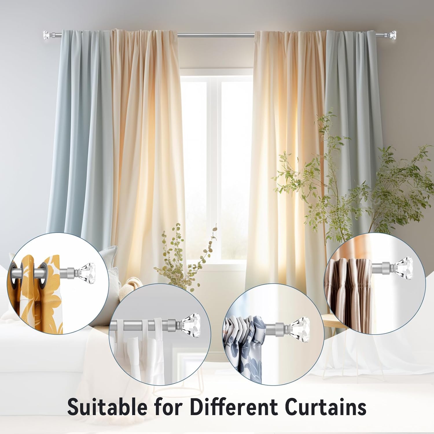 KNOBWELL 1 Inch Curtain Rods with Crystal Diamond Finials