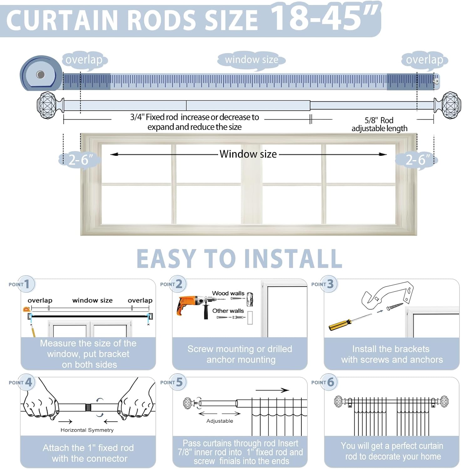 TVWOO Silver Crystal Curtain Rods 18-45 Inch Adjustable