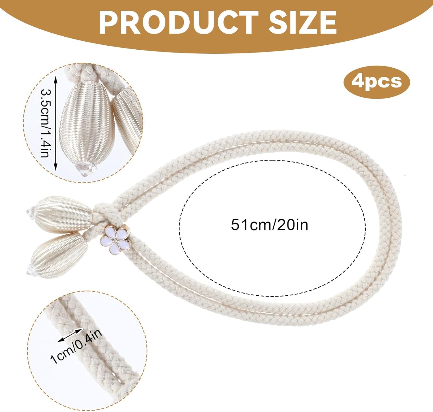 4 Piece Hand-Woven Cotton Curtain Tiebacks with Floral Buckles