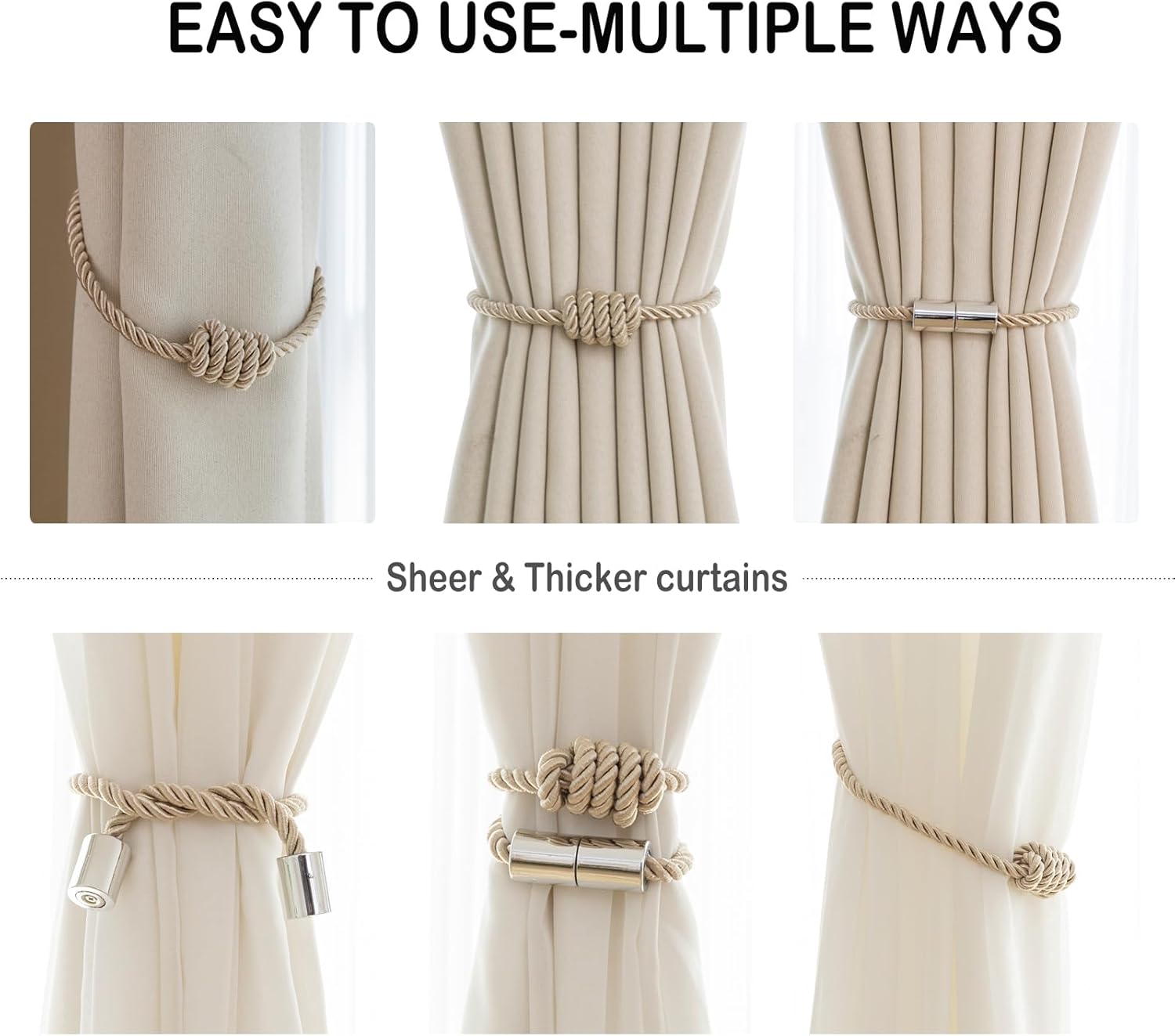 Contoeey Magnetic Curtain Tiebacks 4 Pack Beige