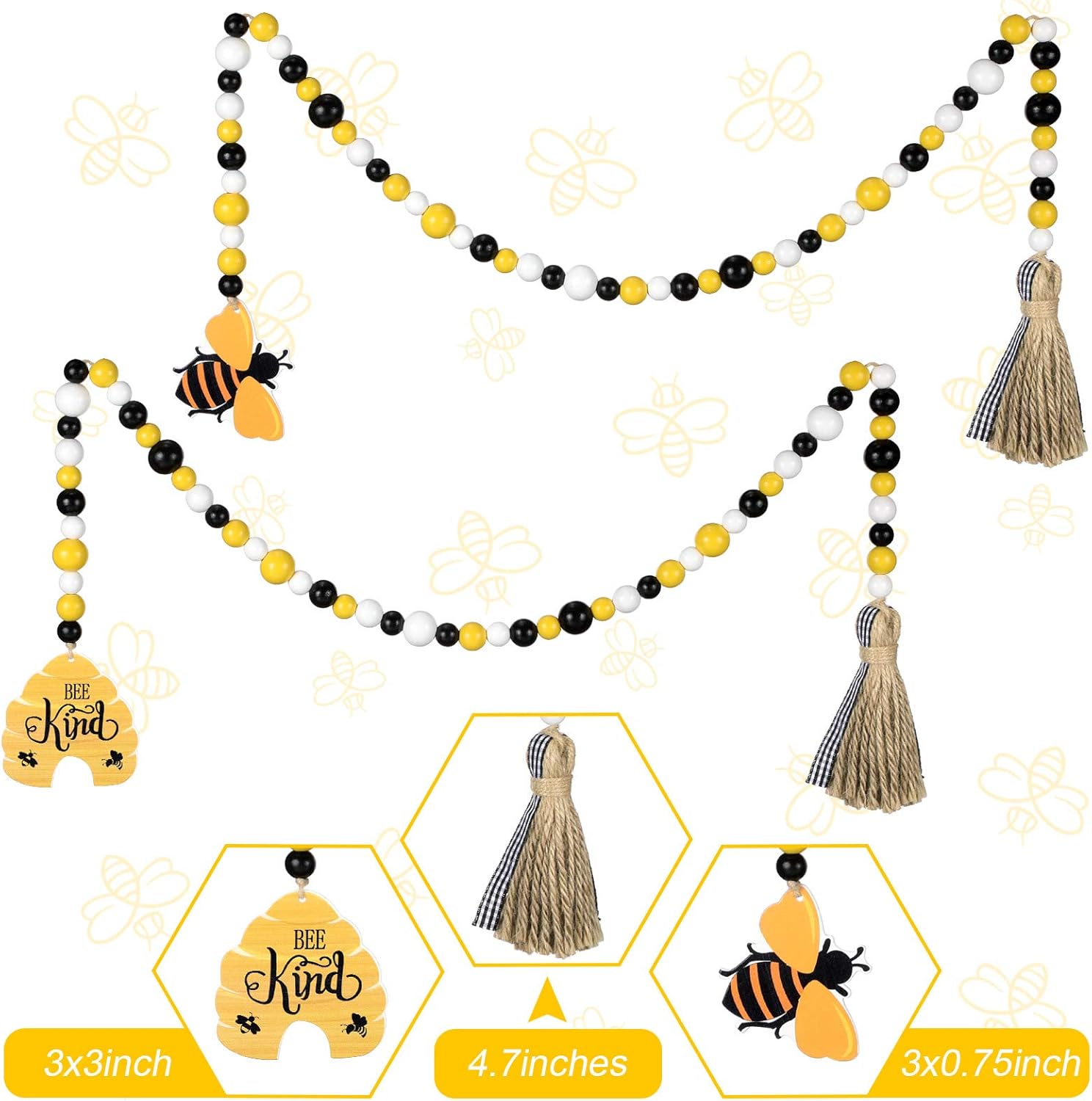 Jetec 2 Piece Honey Bee Wood Bead Garland with Tassels