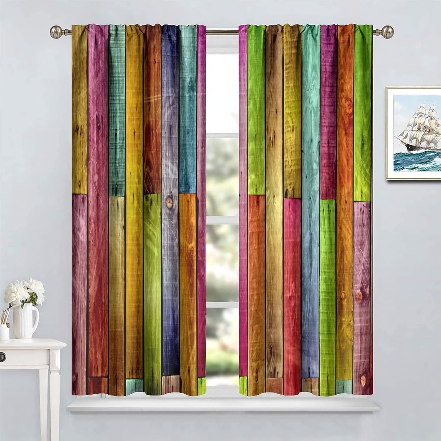 Colorful Wooden Bathroom Curtain 2 Panel Set W42xL45in
