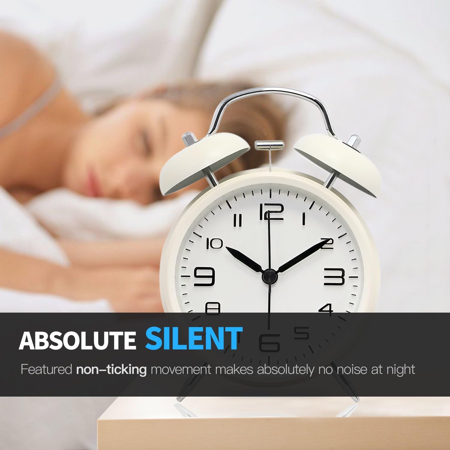 Betus Non-Ticking Twin Bell Alarm Clock with Backlight and Matte Metal Frame