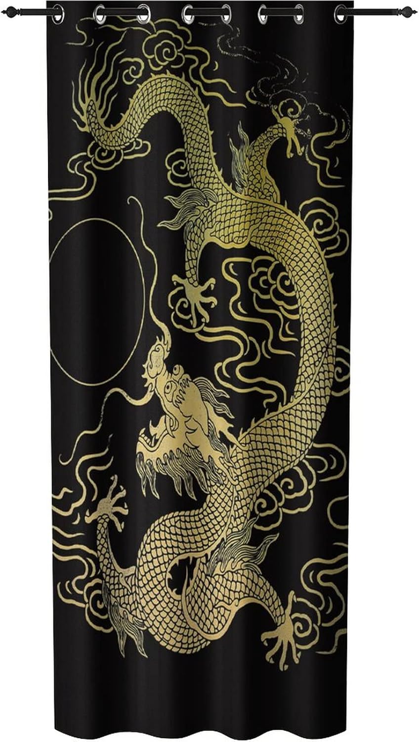Gold Dragon Print Door Curtain Panel 39x78 Inches