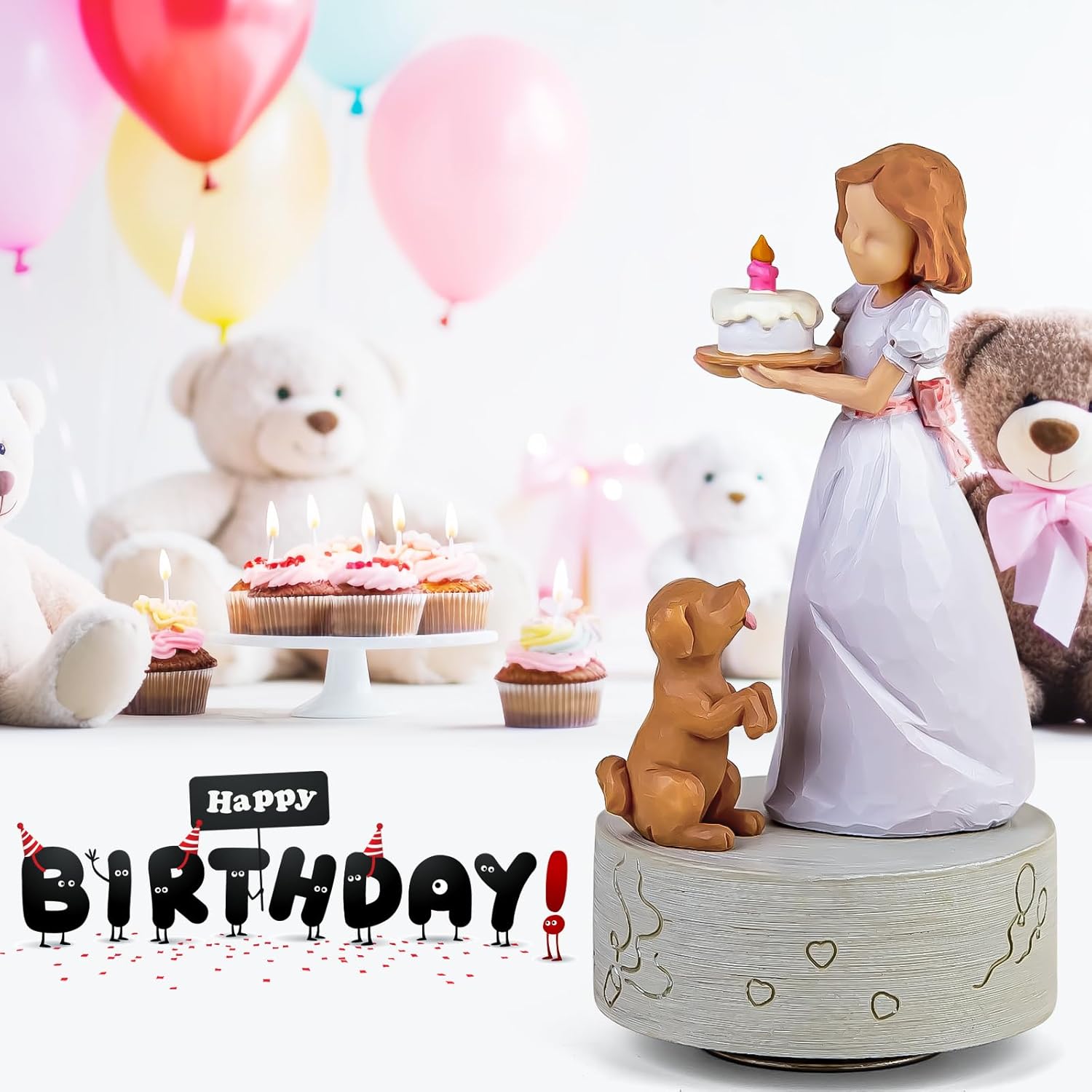 Happy Birthday Musical Box Figurine for Girls and Dogs