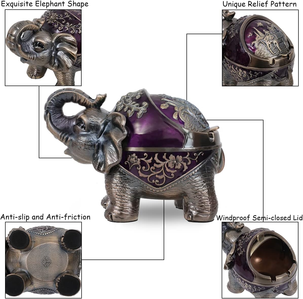 Gusnilo Elephant Ashtray with Lid - Purple