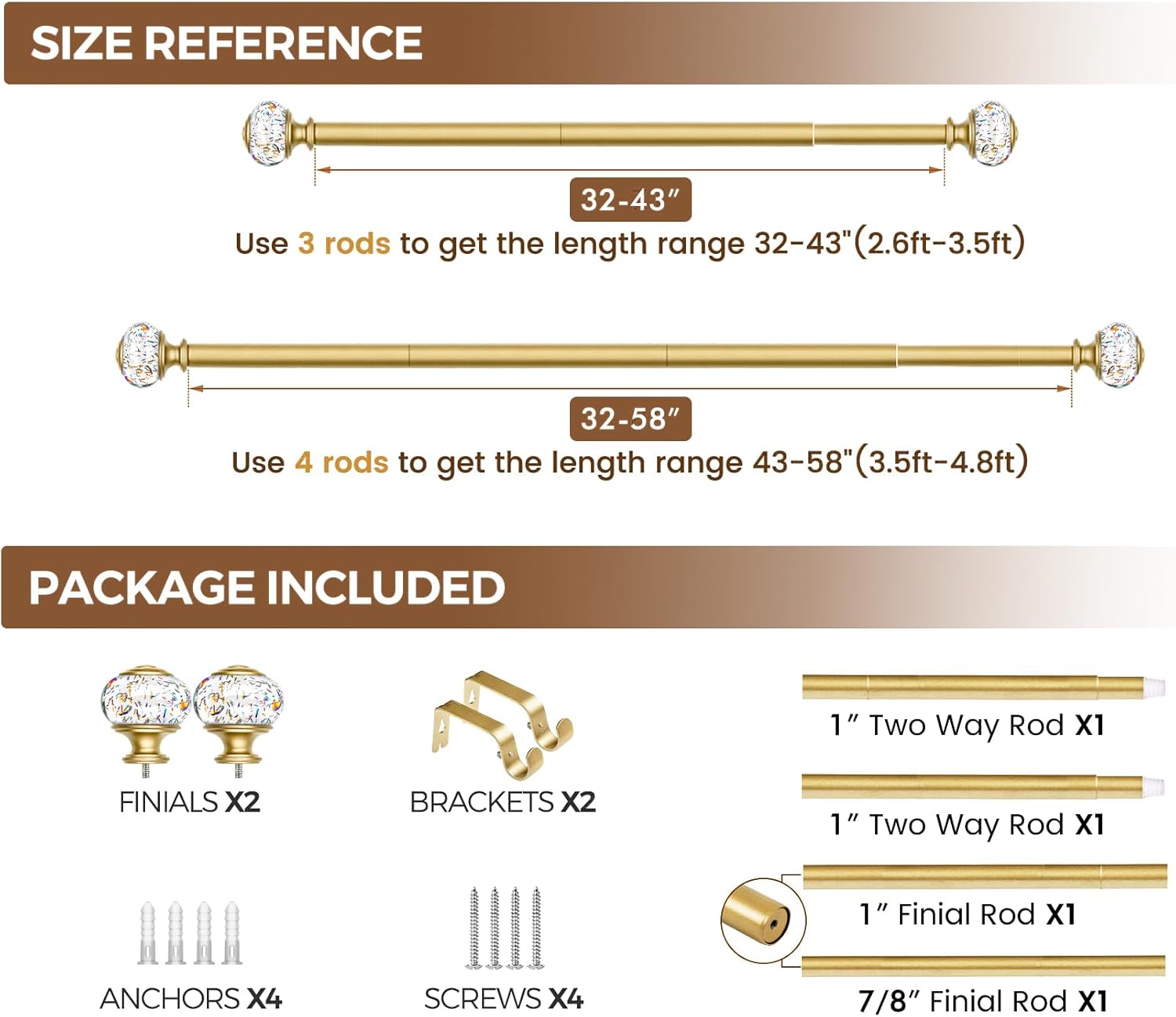 KAMANINA Gold Curtain Rod 32-58 Inch Adjustable