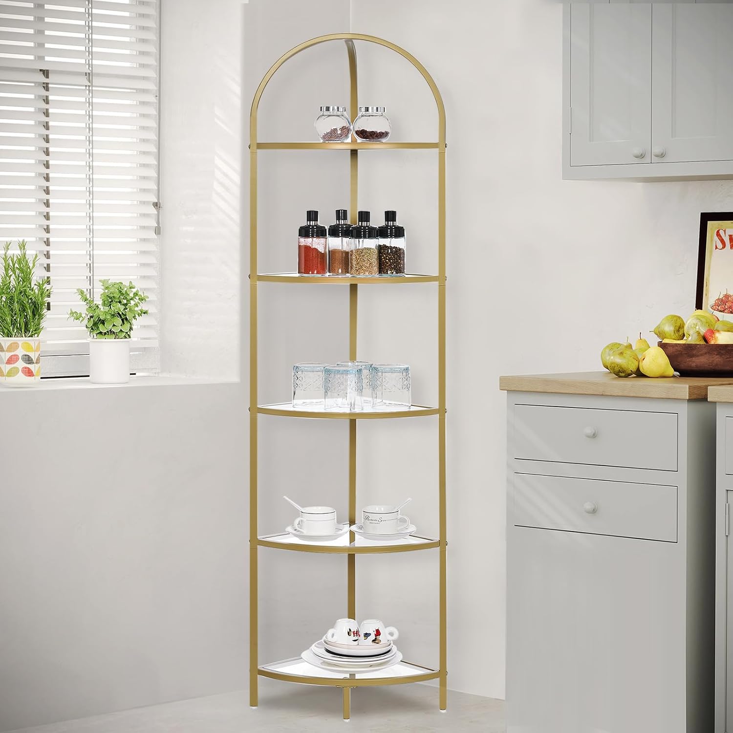 Homhedy 5-Tier Corner Shelf Stand with Gold Finish