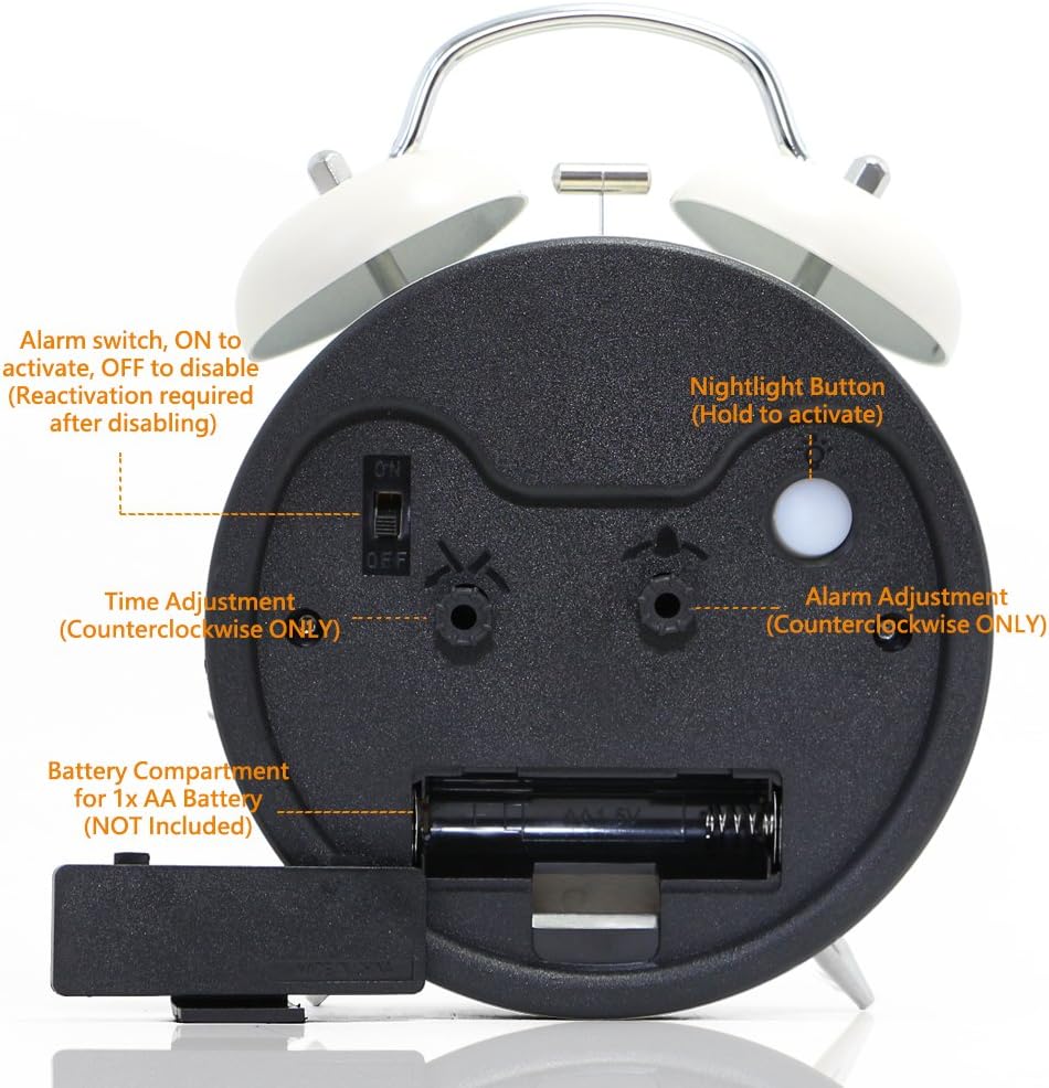 Betus Non-Ticking Twin Bell Alarm Clock with Backlight and Matte Metal Frame