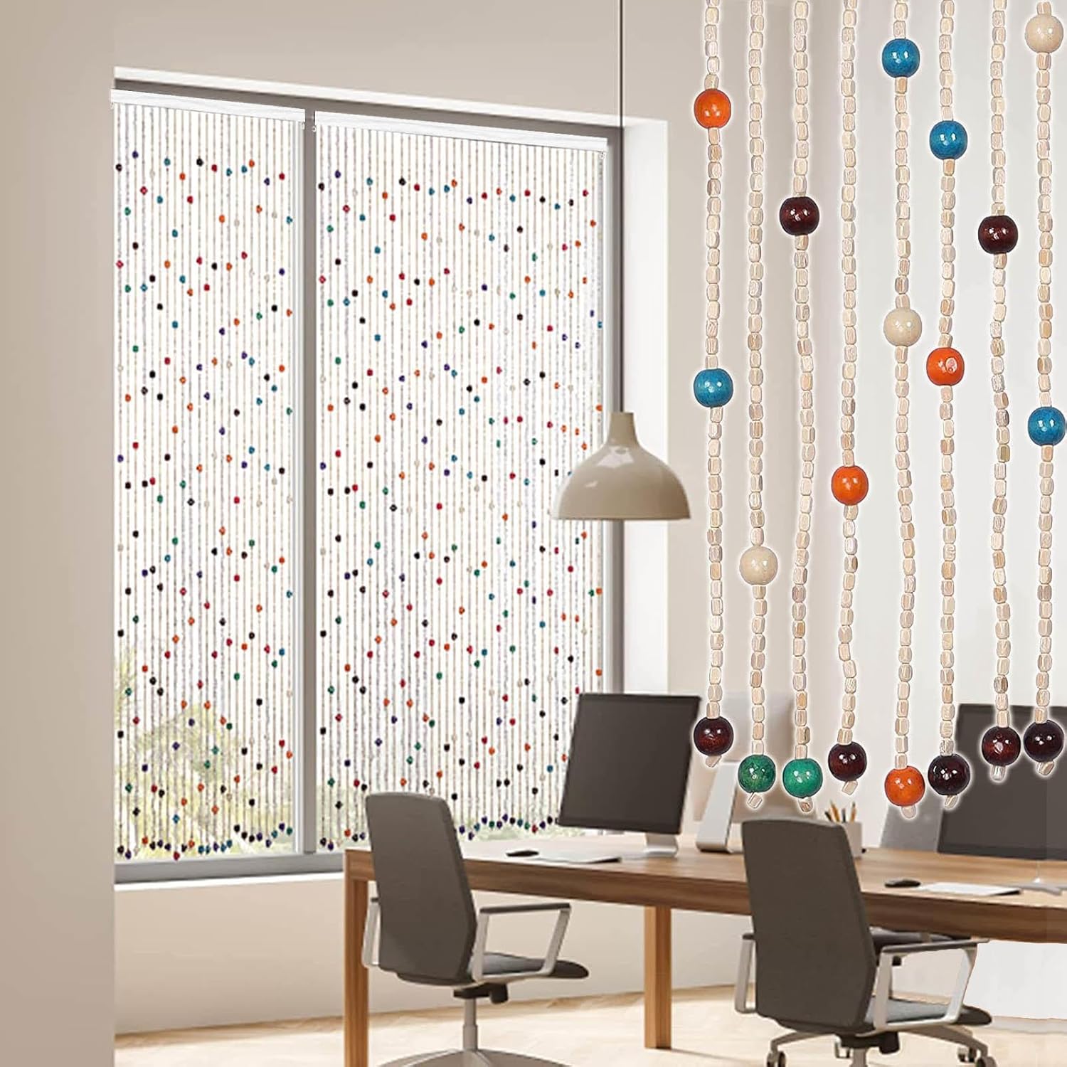 Natural Wood and Bamboo Beaded Curtain for Doorway and Hallway Entrance
