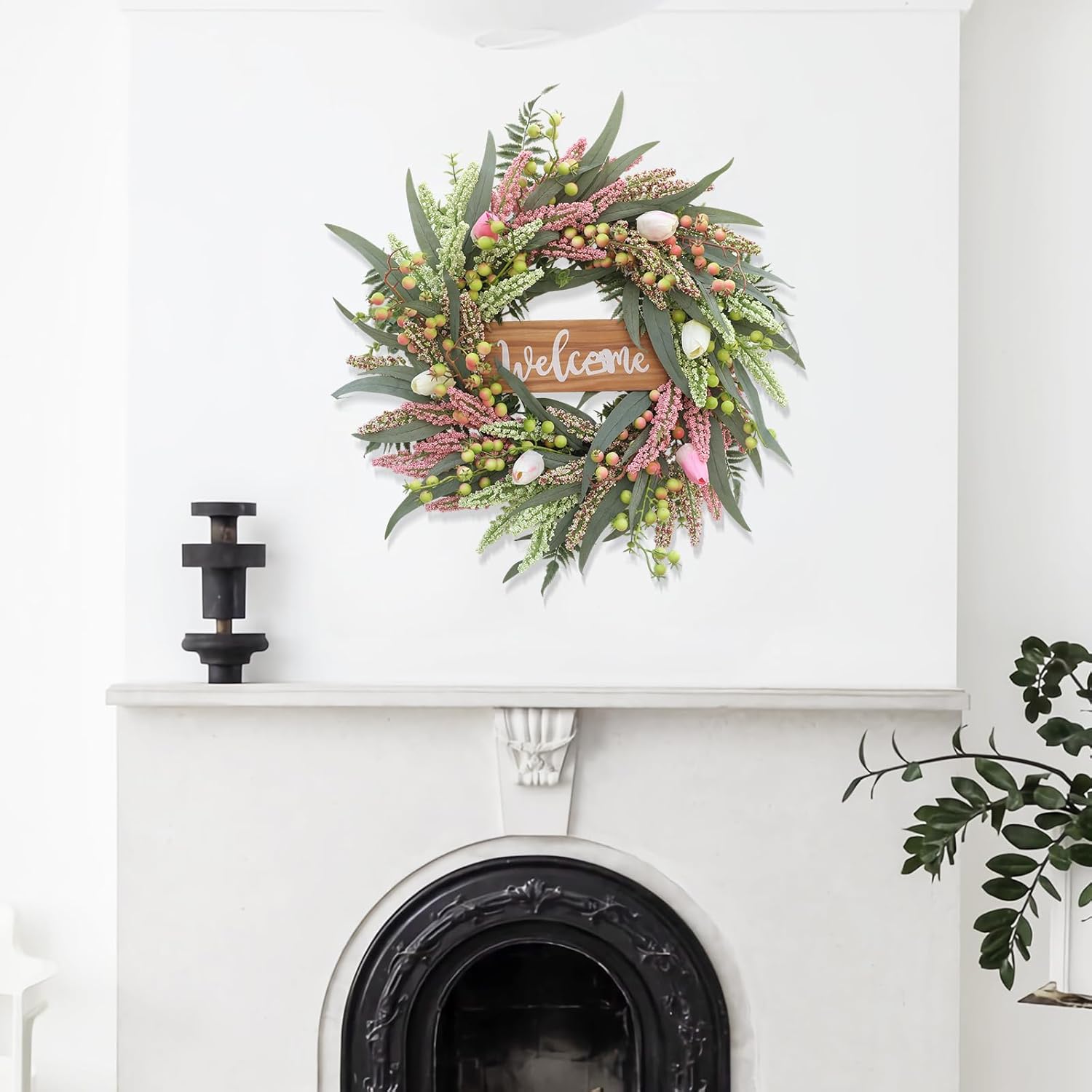 20 Inch Spring Summer Tulip Door Wreath with Berries and Cattails