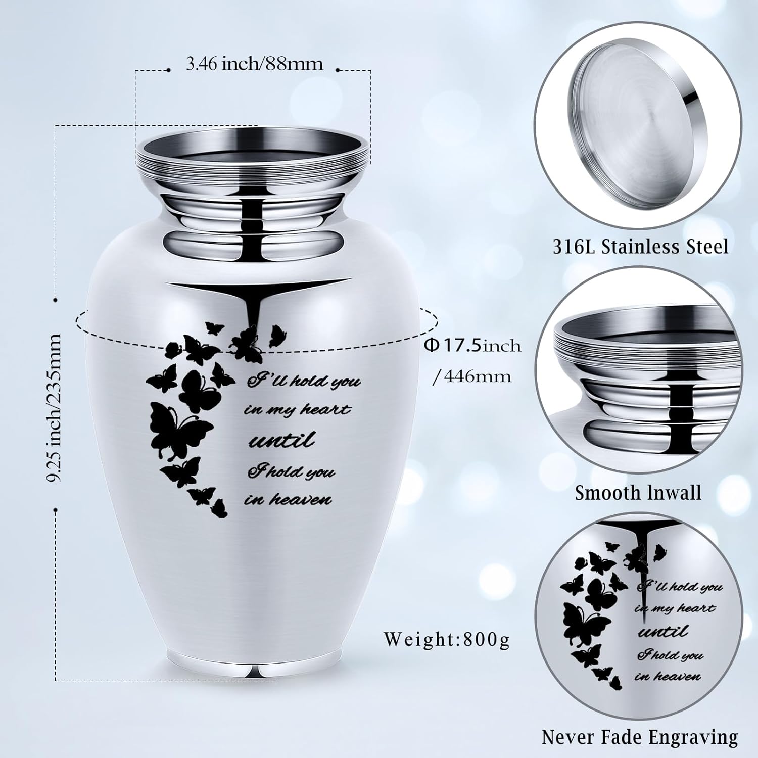 Imrsanl Cremation Urn for Human Ashes Stainless Steel Engraved Butterfly Keepsake Urn