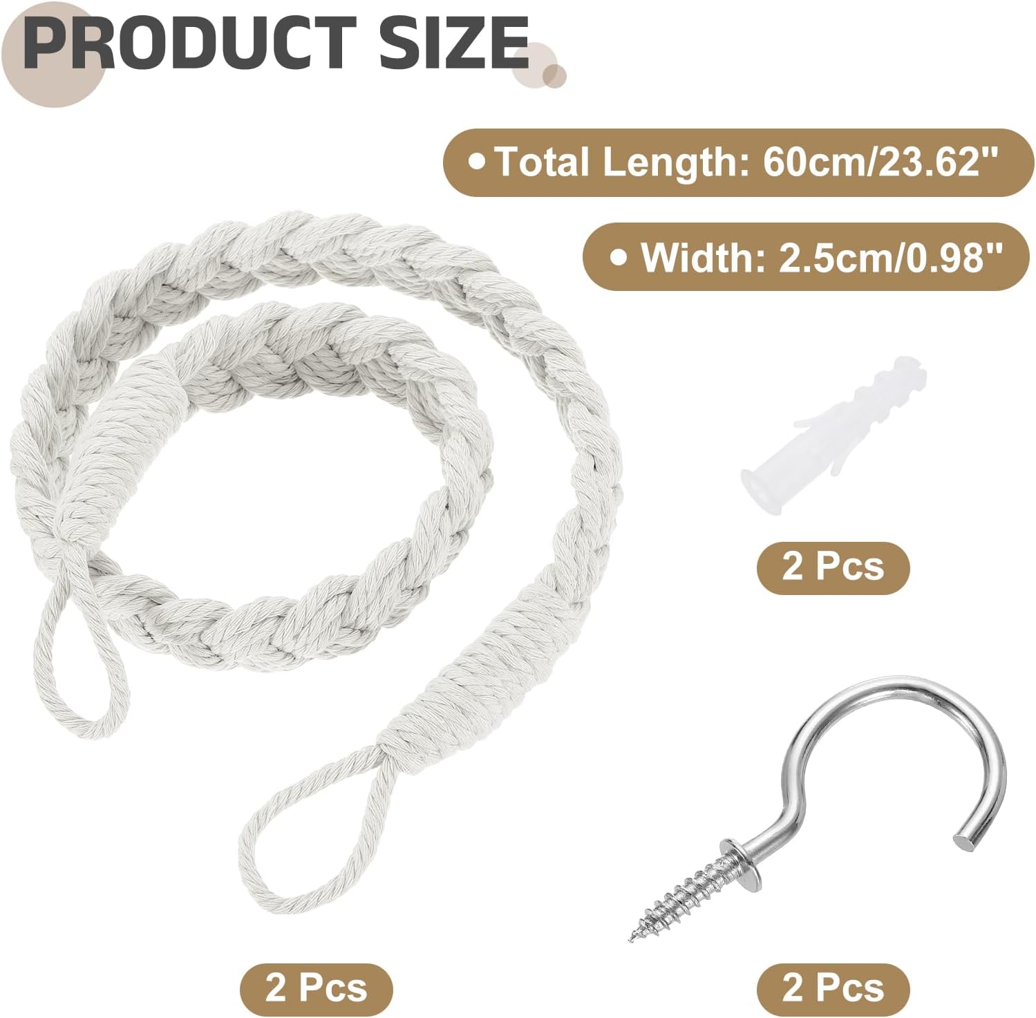 Uxcell 2Pcs Cotton Rope Curtain Tiebacks with Metal Hooks