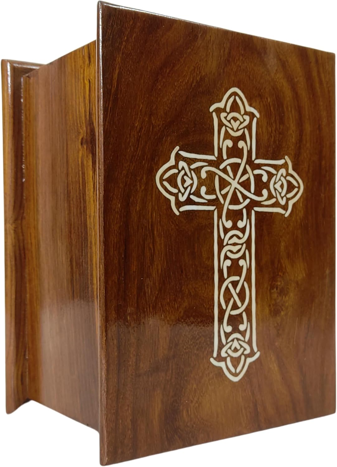 Handcrafted Wooden Urn with Black White Cross Engraving