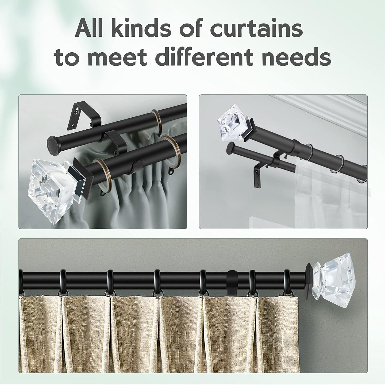 1 Inch Adjustable Curtain Rod with Diamond Finial Matte Black