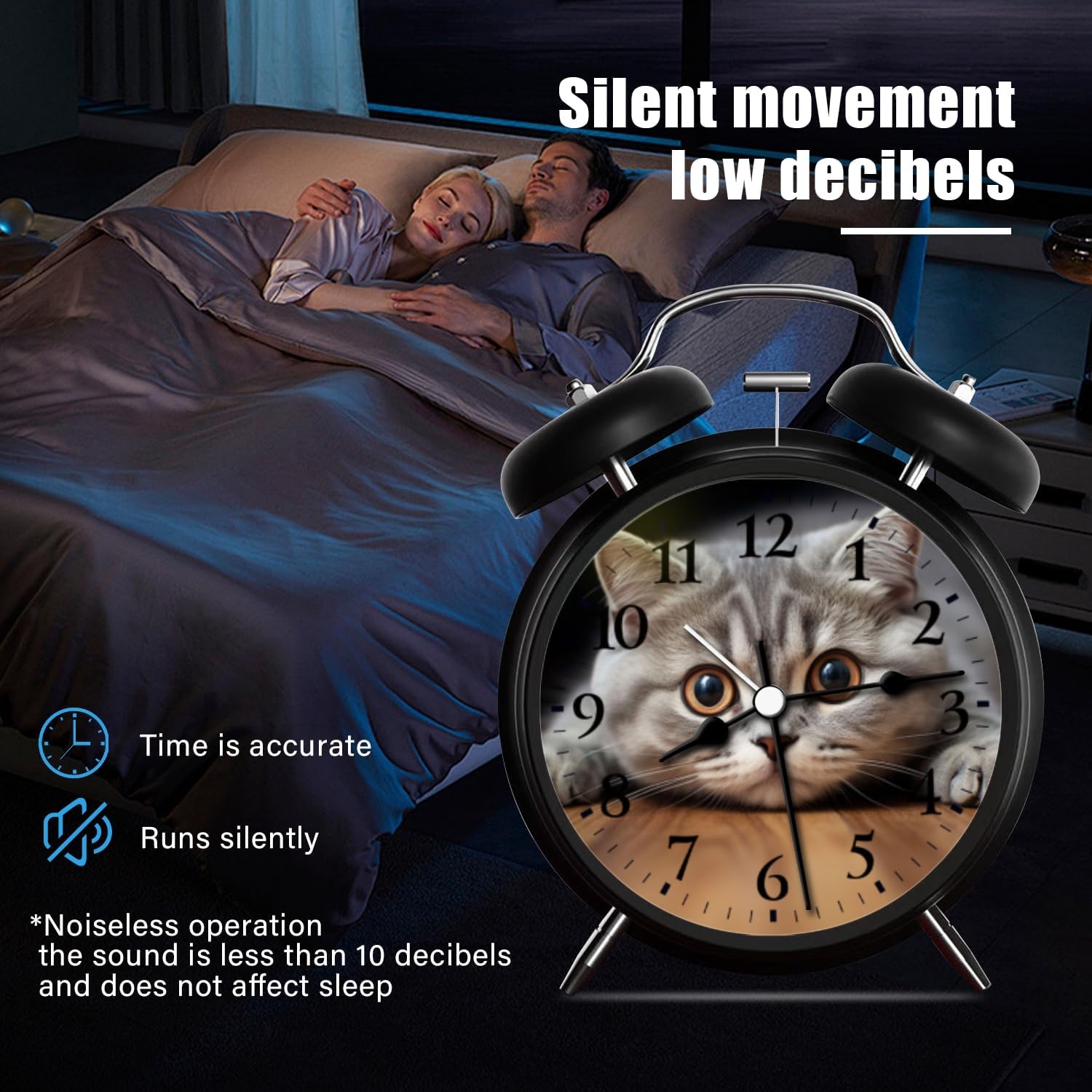 Analog Alarm Clock with Night Light and Silent Movement