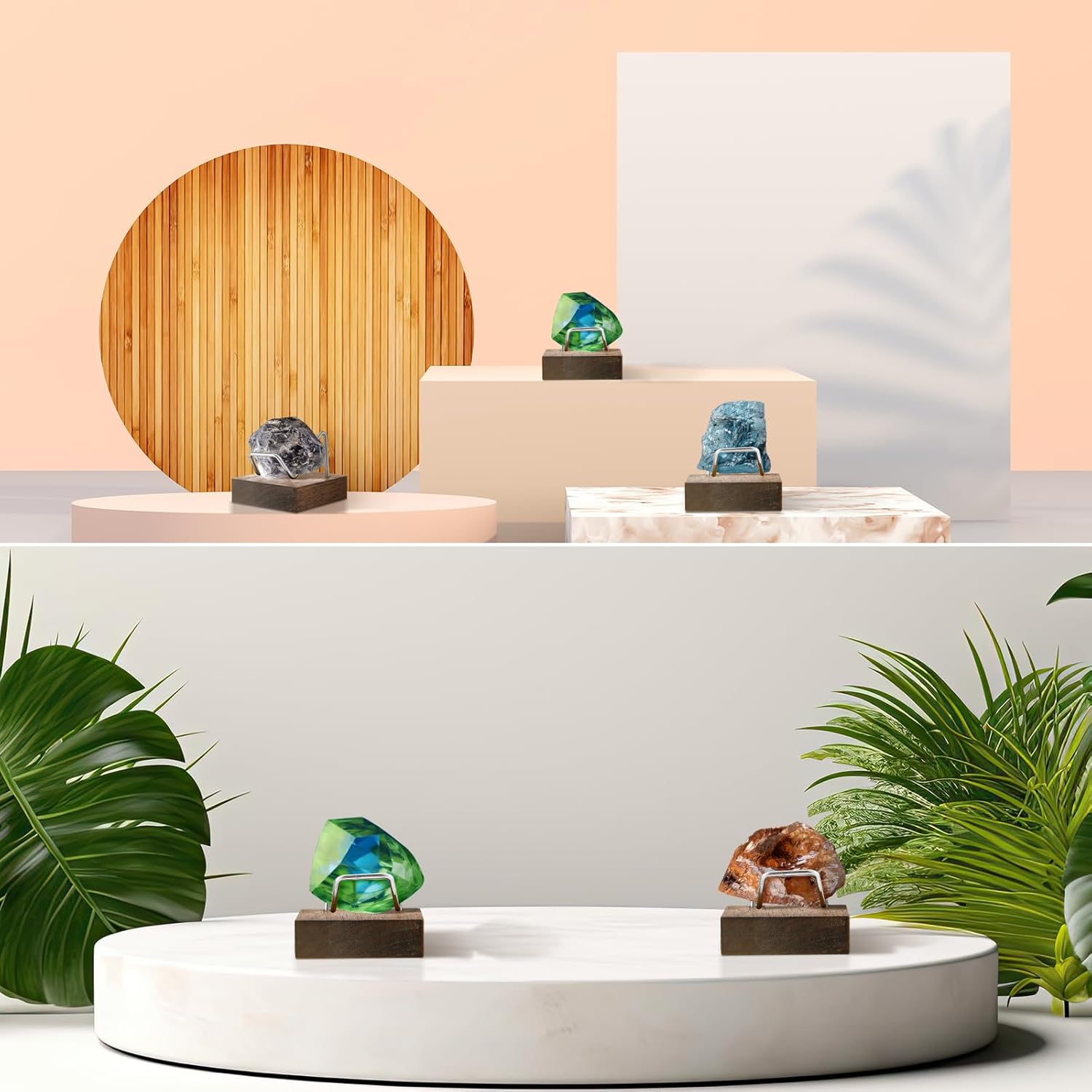 4 Pcs Rock Display Stand with Metal Arms and Wooden Base