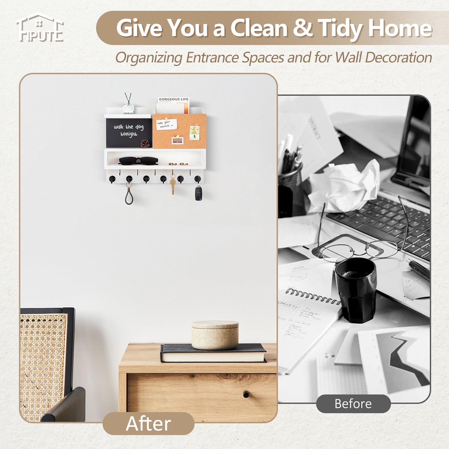 Fipute Key Holder Wall Mount with Chalkboard and Corkboard