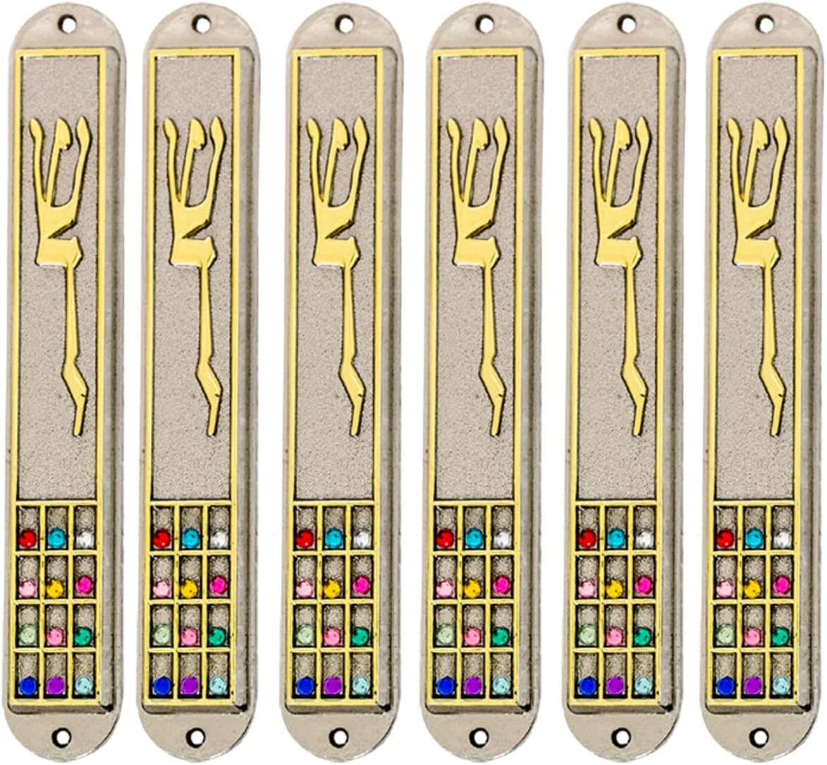 Nana Gifts Set of 6 Silver Plated Mezuzah Cases with 12 Tribes Stones