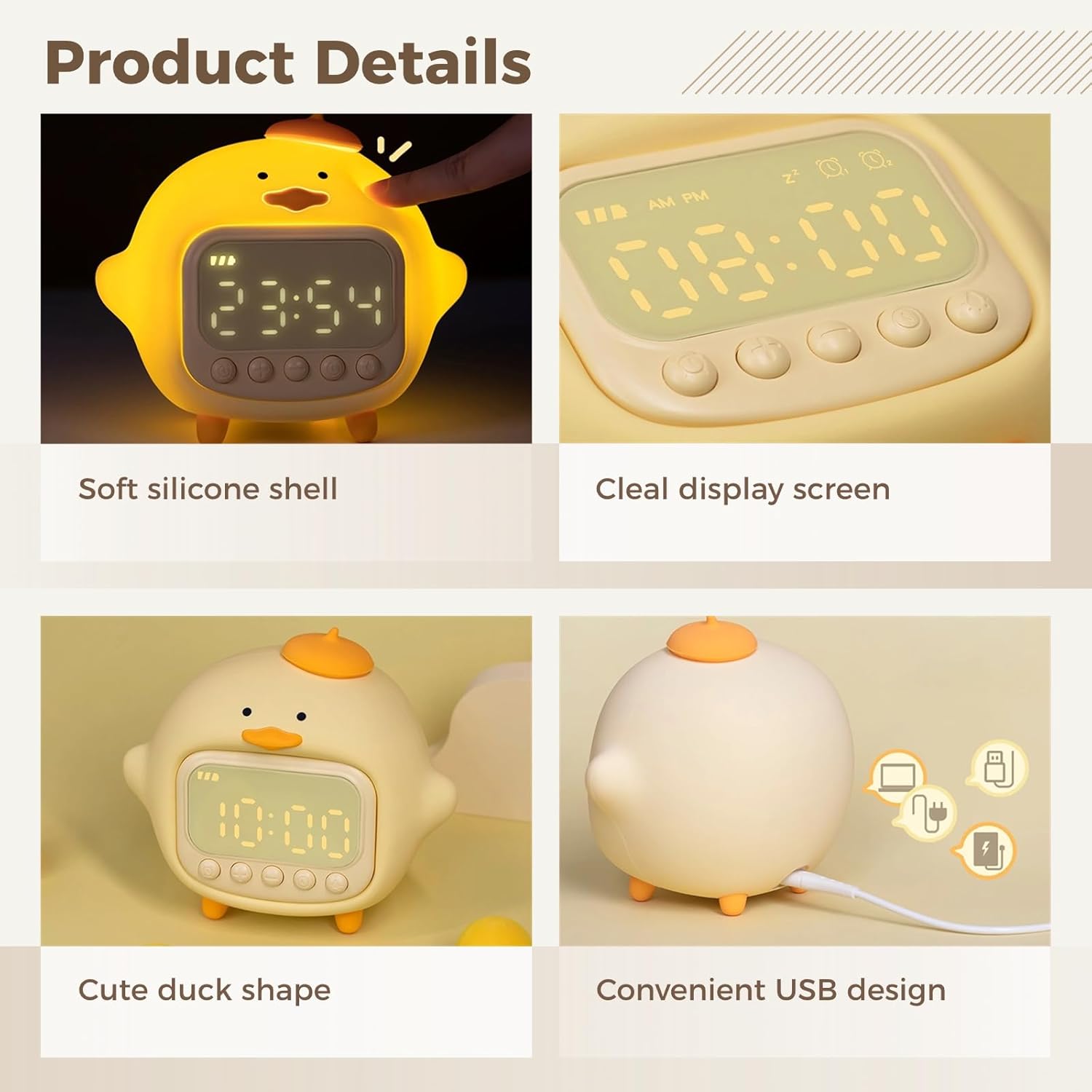 Duck Alarm Clock with Night Light and Dual Alarms
