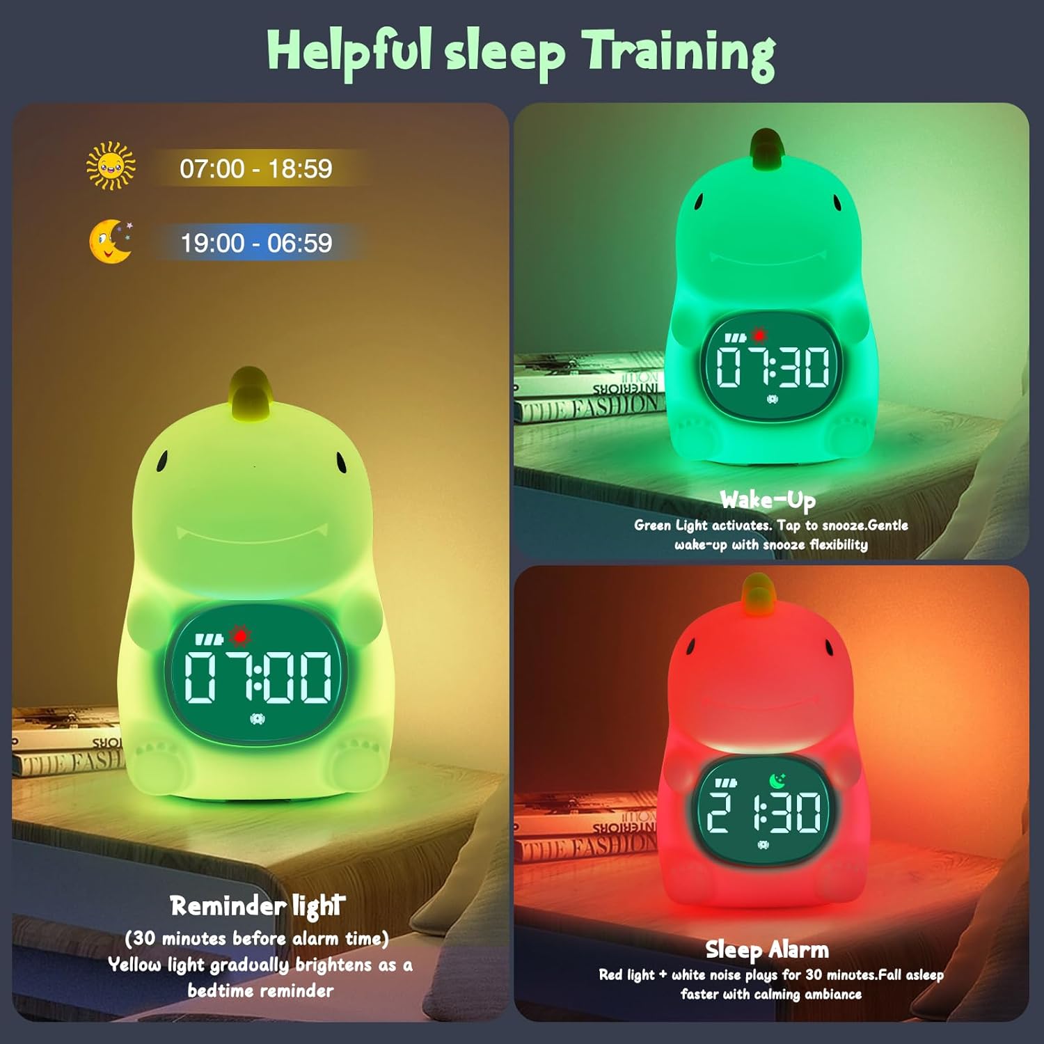 Dinosaur Alarm Clock with Sleep Training and Night Light for Kids