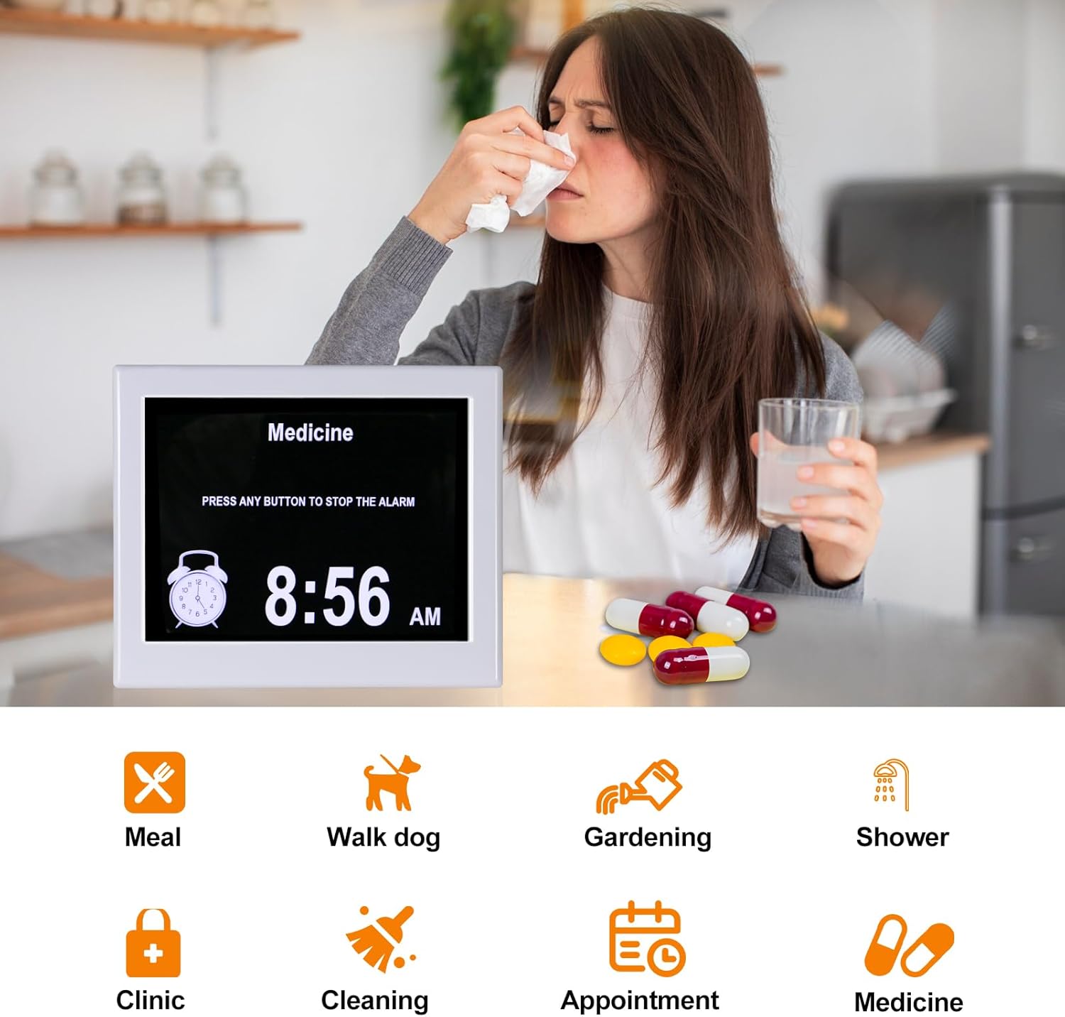 Digital Day Date Time Clock for Seniors with Medication Reminders