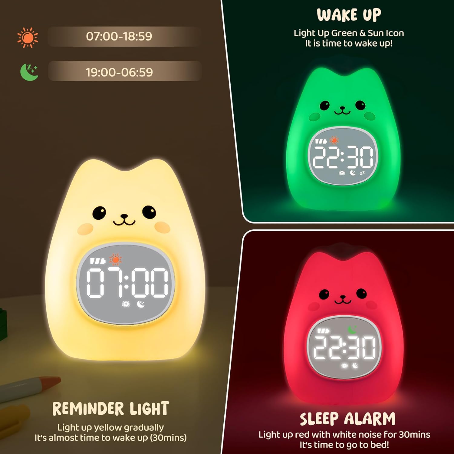 Cute Cat Alarm Clock with Night Light for Kids
