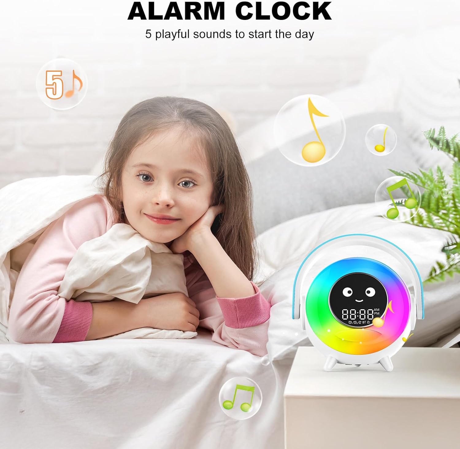 Cute RGB Alarm Clock with Night Light and Bluetooth for Kids
