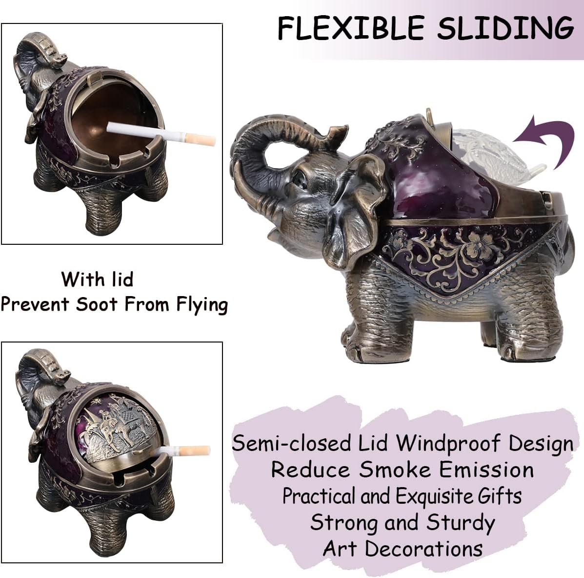 Gusnilo Elephant Ashtray with Lid - Purple