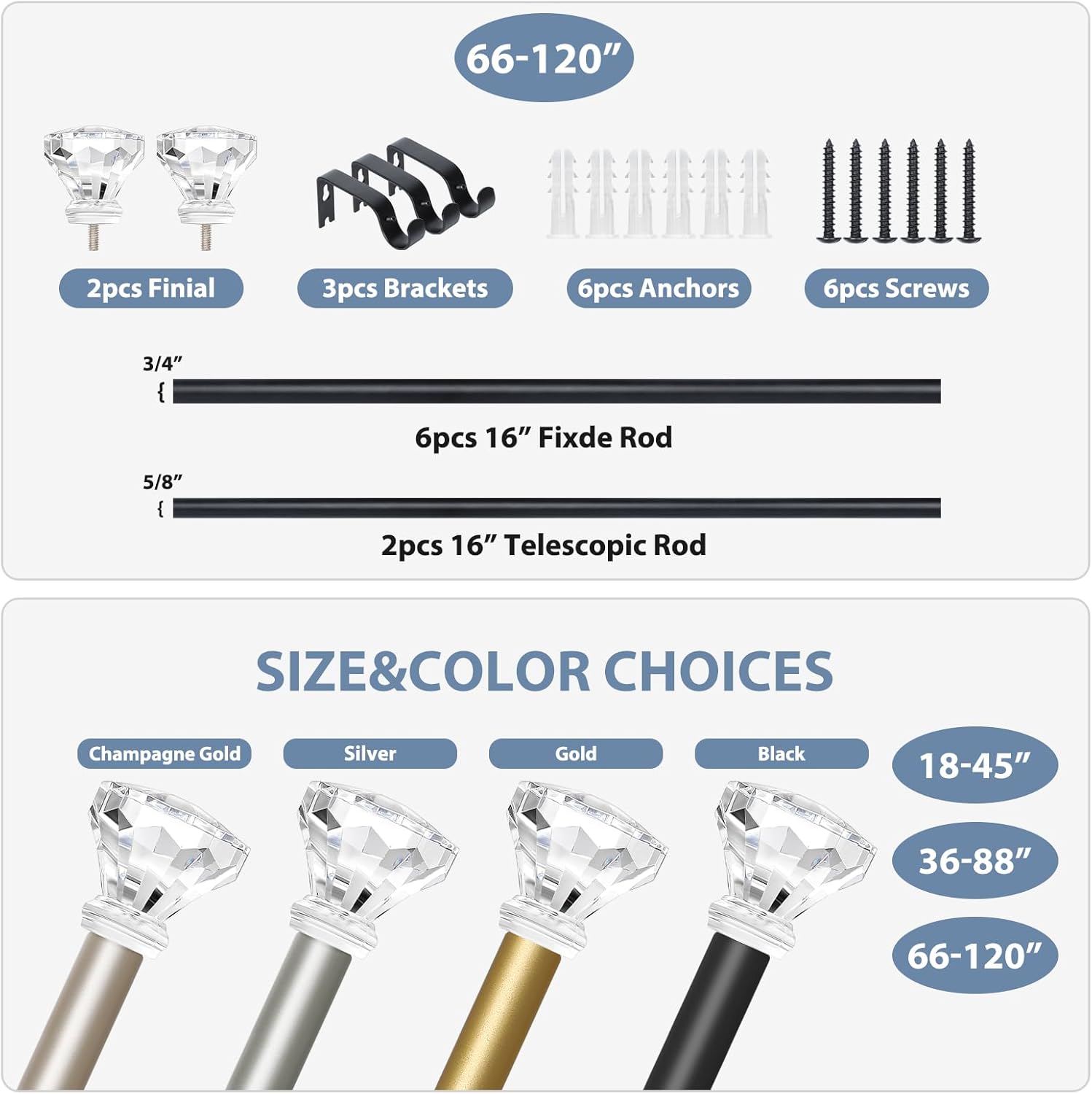 TVWOO Matte Black Crystal Window Rods 66-120 Inch