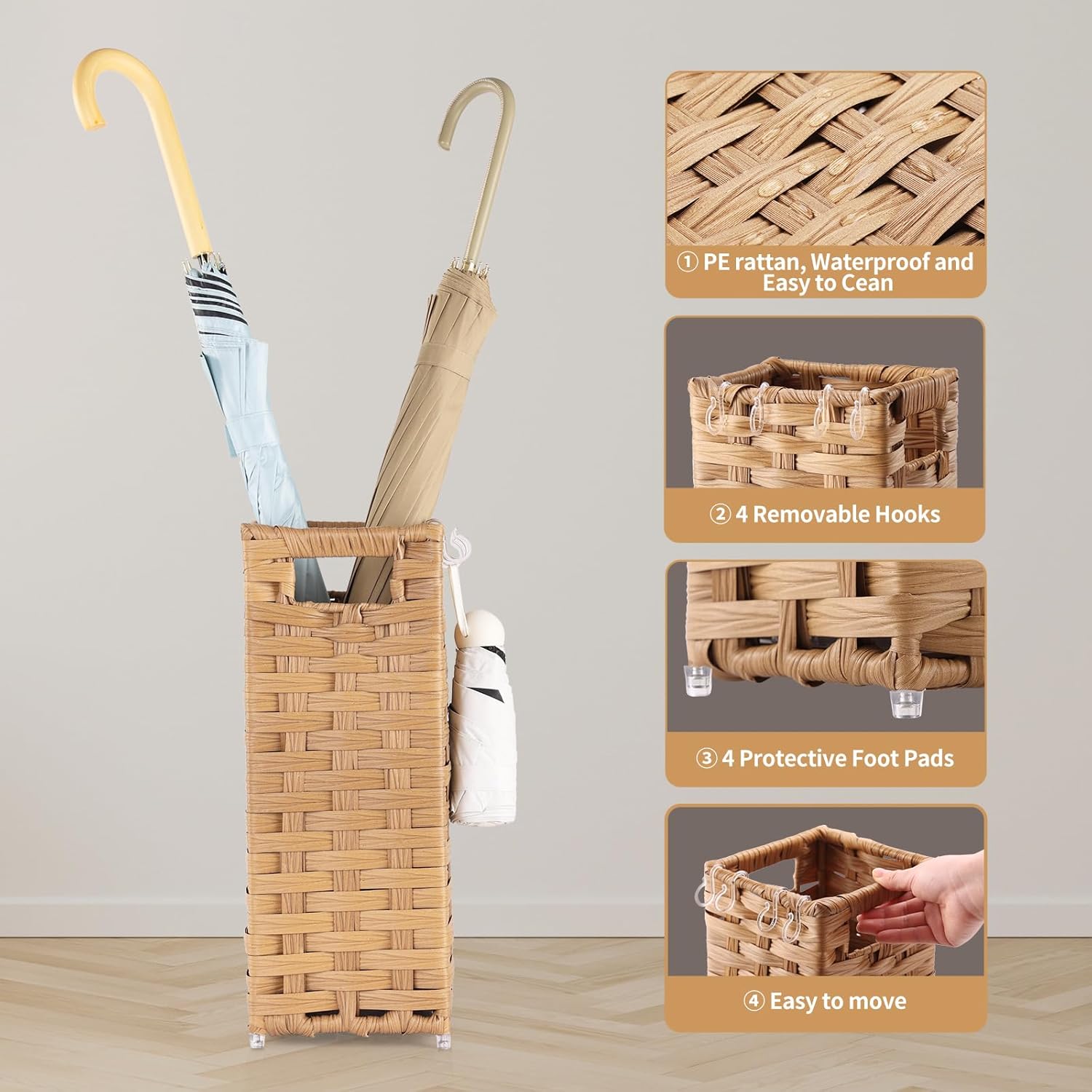 Waohanaz Rattan Umbrella Stand with Drip Tray and 4 Hooks