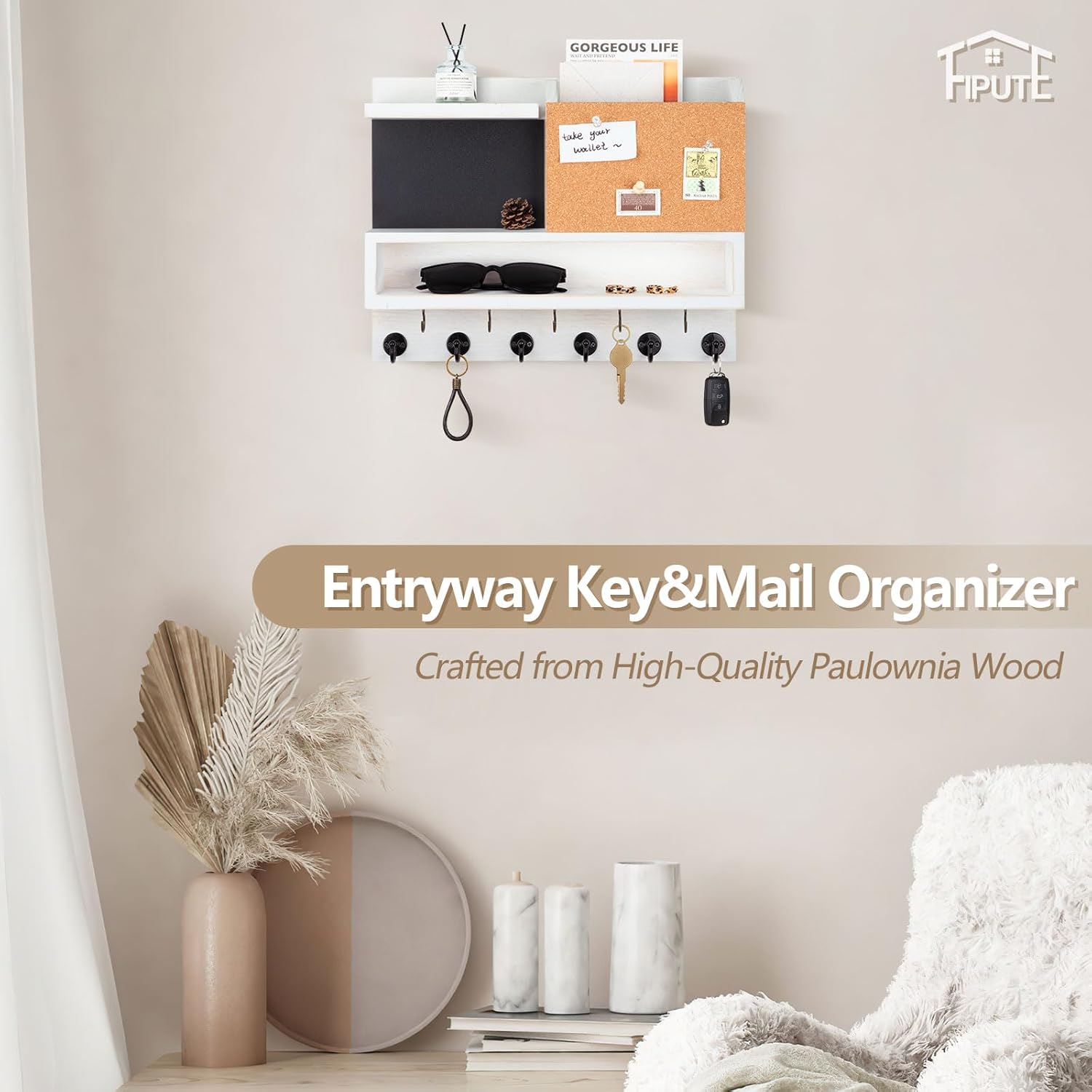 Fipute Key Holder Wall Mount with Chalkboard and Corkboard