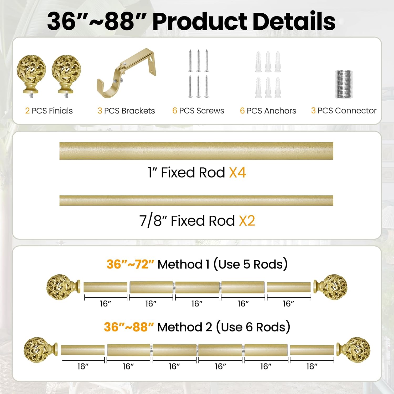 Gold Adjustable Heavy Duty Curtain Rods 36-88 Inches