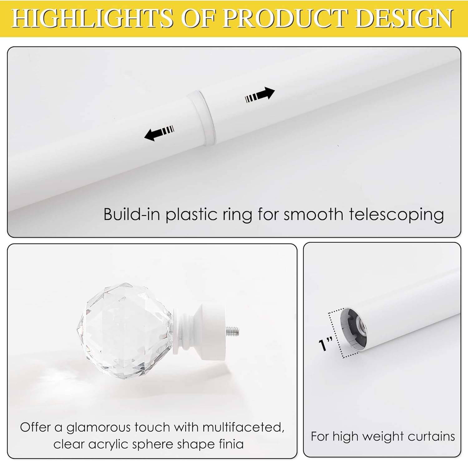 NICETOWN Adjustable Curtain Rod with Faceted Ball Ends 28-48 Inches Matte White
