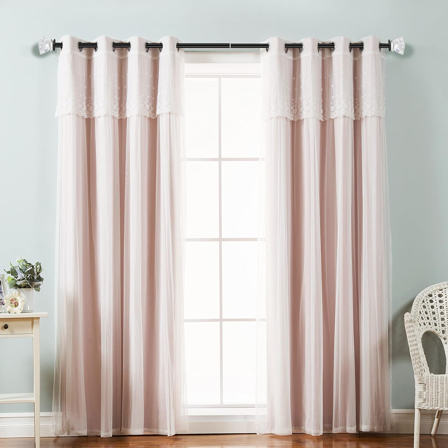 1 Inch Adjustable Curtain Rod with Diamond Finial Matte Black