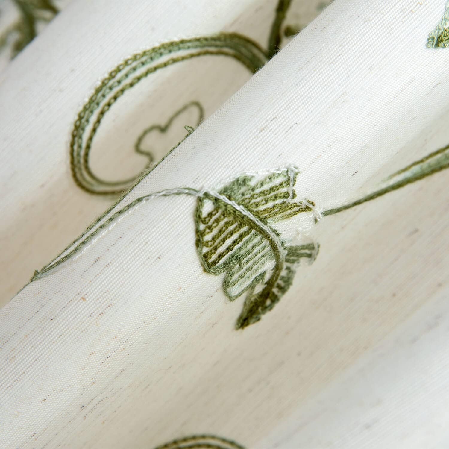 VOGOL Beige Panel Curtains with Green Vines Embroidery for French Doors