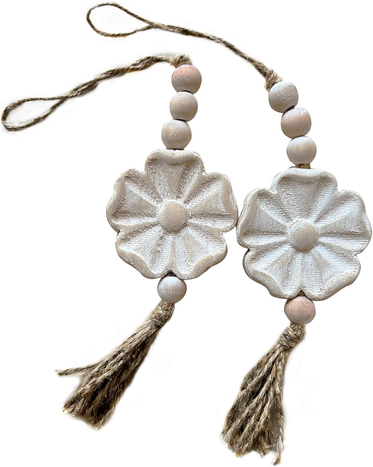 2pcs Carved Floral Tassels with Farmhouse Wood Beads