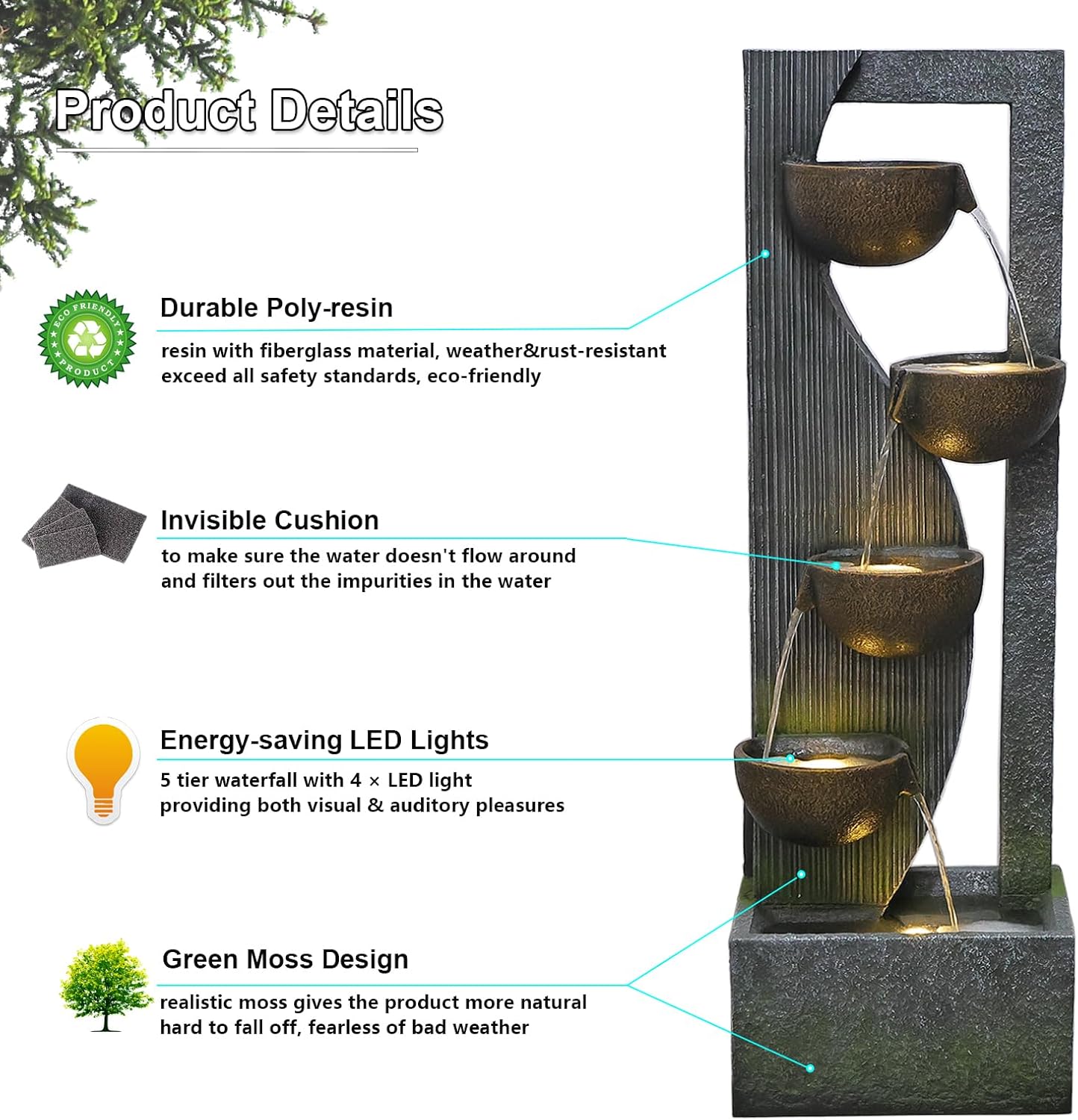 Sunlinua 5-Tier Large Water Fountain with LED Lights and Pump